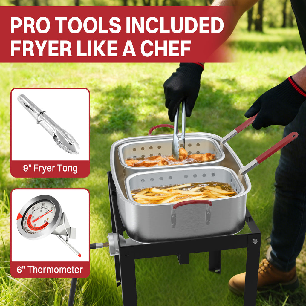 18QT Outdoor Propane Deep Fryer | Include 2 Baskets | Lid | 9" Fryer Tong | 6" Thermometer | Fish Fryer Pot with 50,000 BTU Propane Burner | Ideal for Fish, Chicken Wings & French Fries
