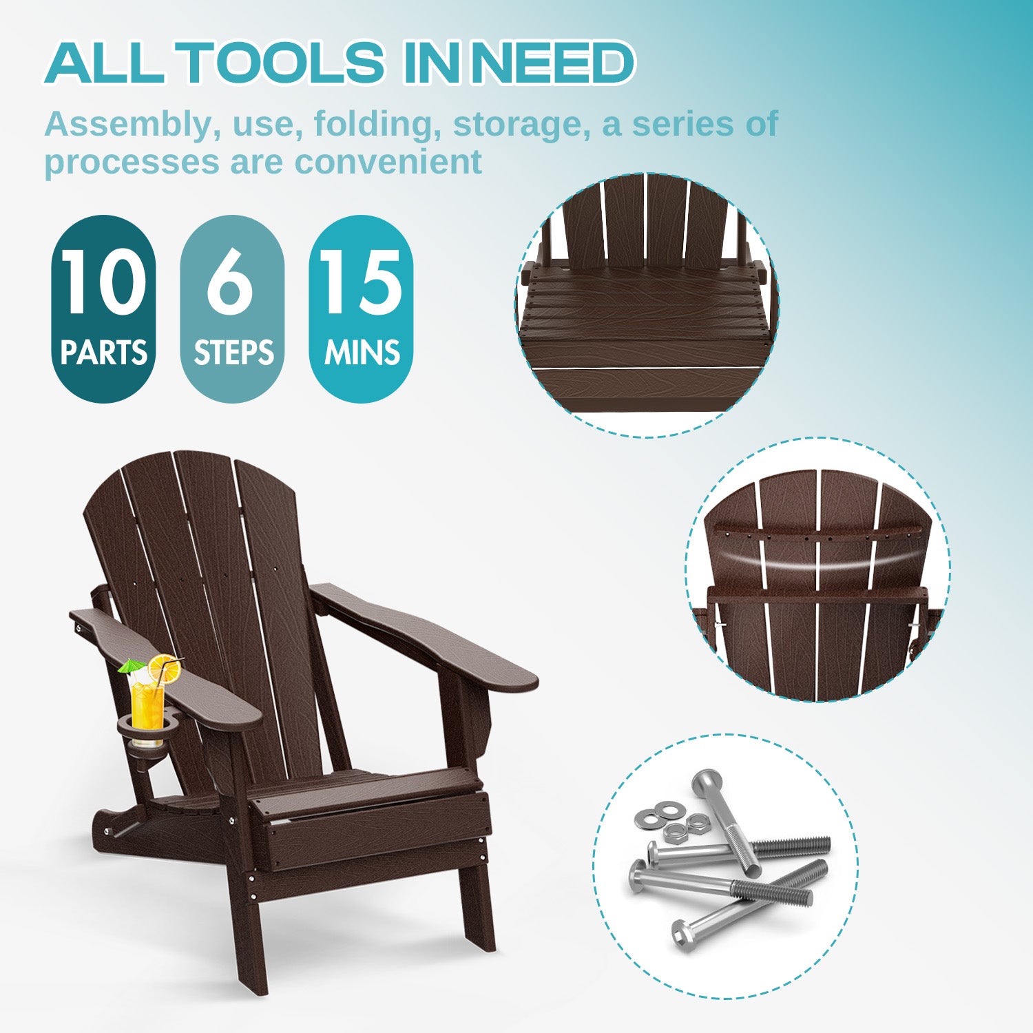 Outdoor Folding Adirondack Chair, HDPE All Weather Patio Chair with Cup Holder for Deck Backyard Garden, BrownWood