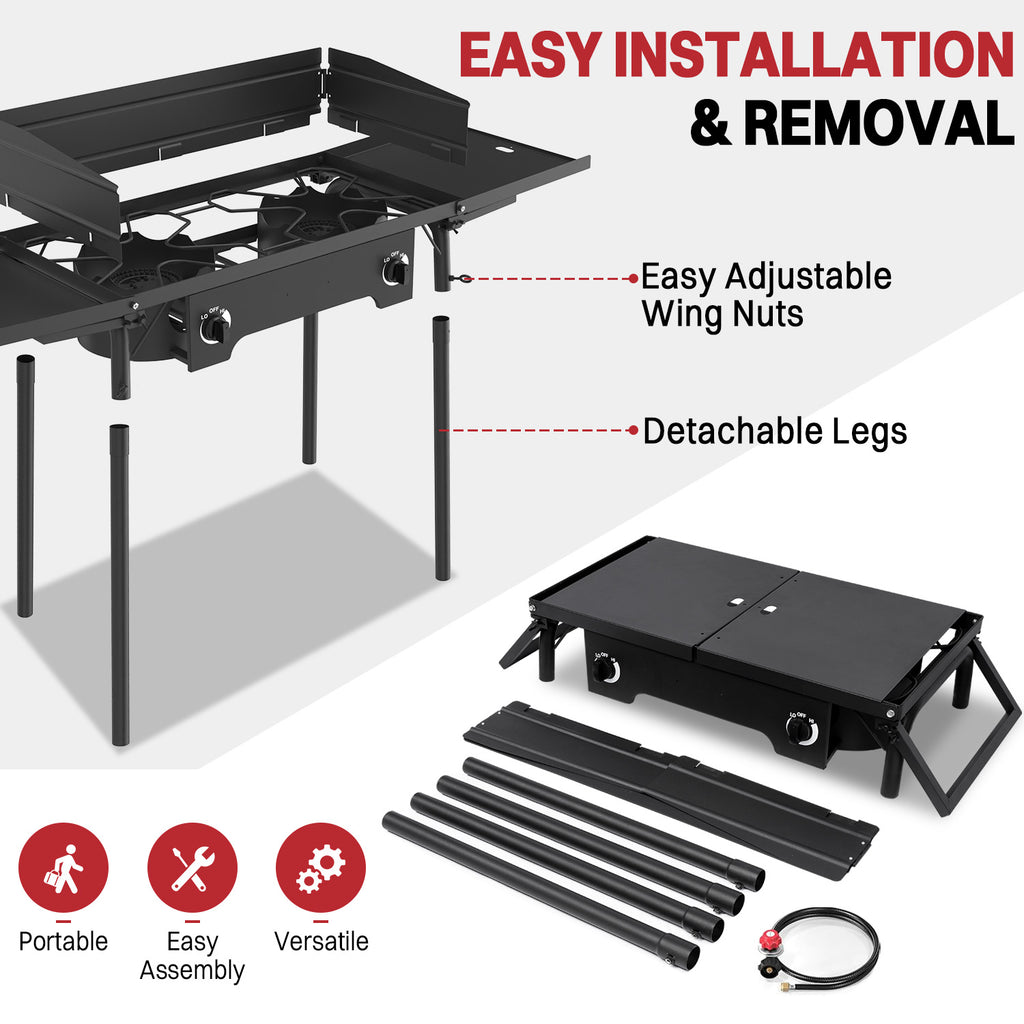 2 Burner Propane Camp Stove | 150,000 BTU Gas Burners | Side Shelves | Windscreen | Waterproof Cover | Detachable Legs | Ideal for Camping Backyard Outdoor Cooking