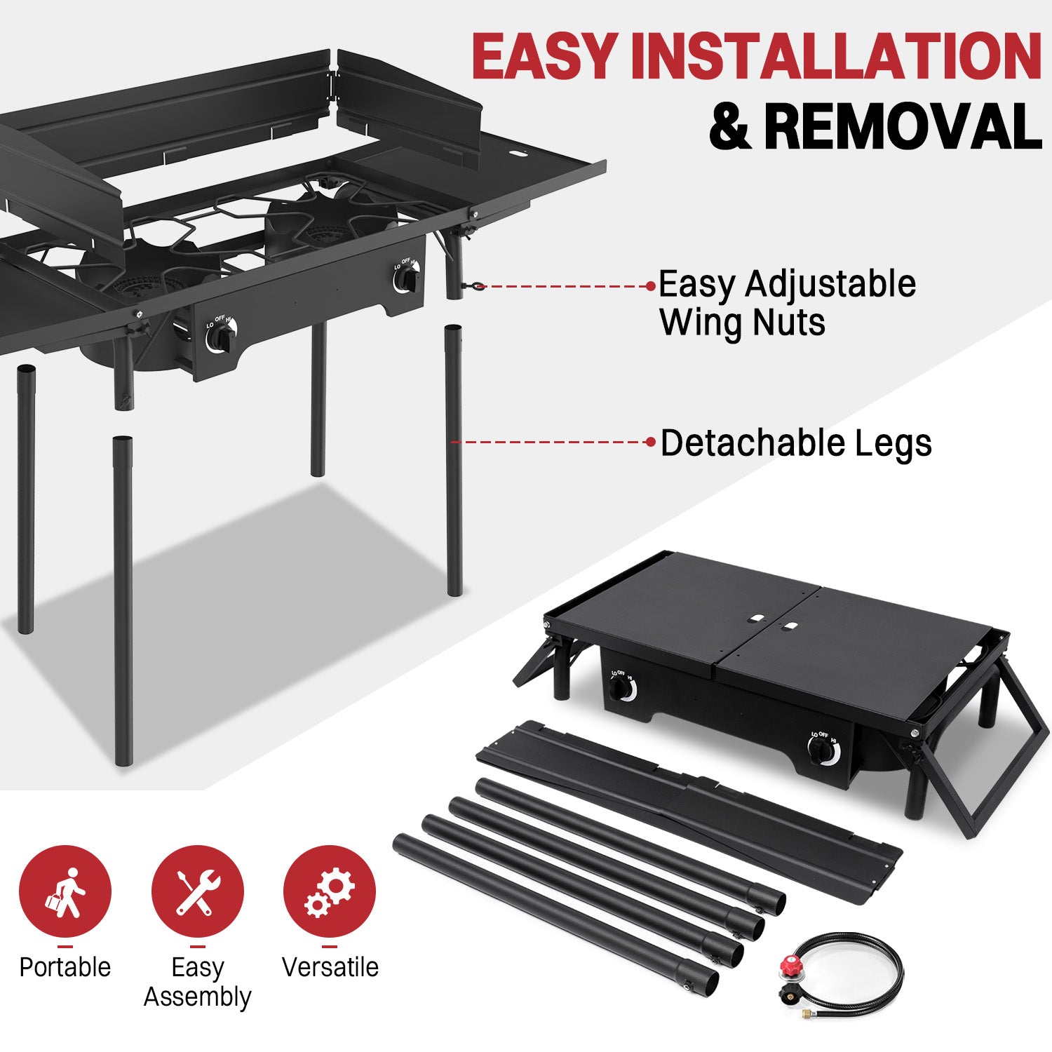 2 Burner Propane Camp Stove | 150,000 BTU Gas Burners | Side Shelves | Windscreen | Waterproof Cover | Detachable Legs | Ideal for Camping Backyard Outdoor Cooking