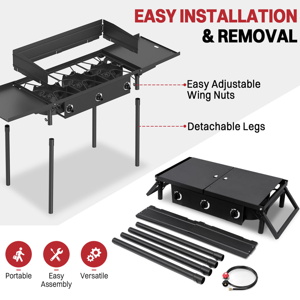 3 Burner Propane Camp Stove | 225,000 BTU Gas Burners | Side Shelves | Windscreen | Waterproof Cover | Detachable Legs | Ideal for Camping Backyard Outdoor Cooking