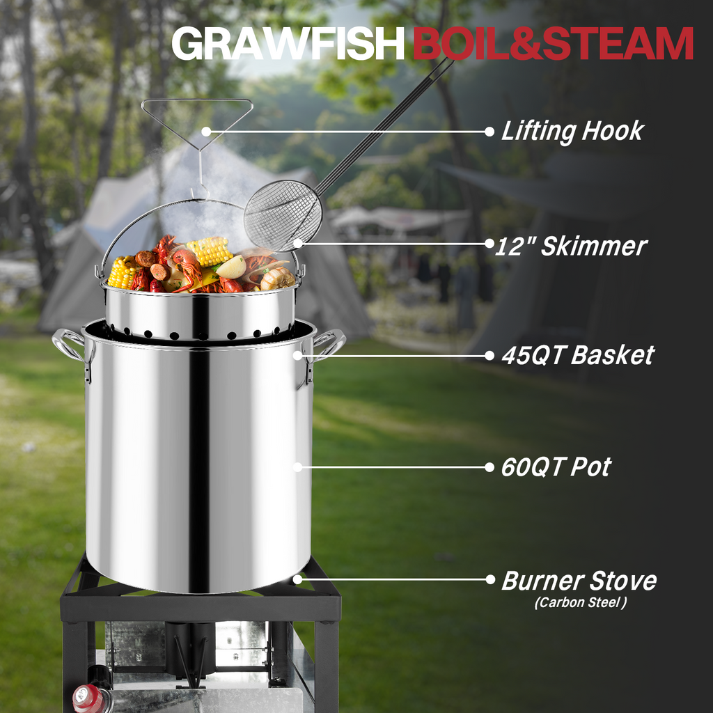 60QT Stainless Steel Crawfish Boiler | Seafood Boiling Kit | Cover & Skimmer Included | 110,000BTU Propane Jet Burner | 0-20 PSI CSA Certified Regulator | Crab Boil Pot for Outdoor Backyard Cooking