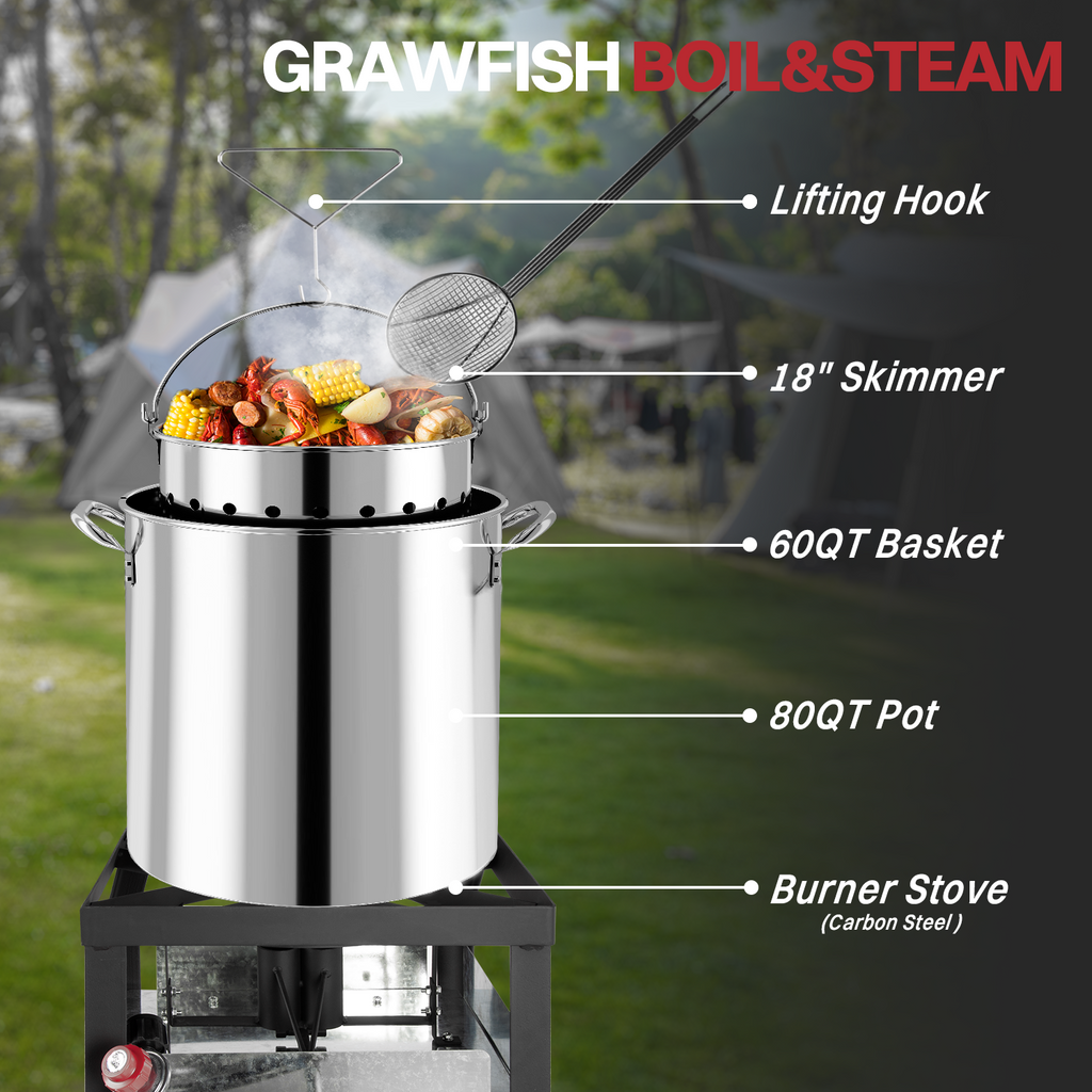80QT Stainless Steel Crawfish Boiler | Seafood Boiling Kit | Cover & 18" Skimmer Included | 110,000BTU Propane Jet Burner | 20 PSI CSA Certified Regulator | Crab Boil Pot for Outdoor Backyard Cooking