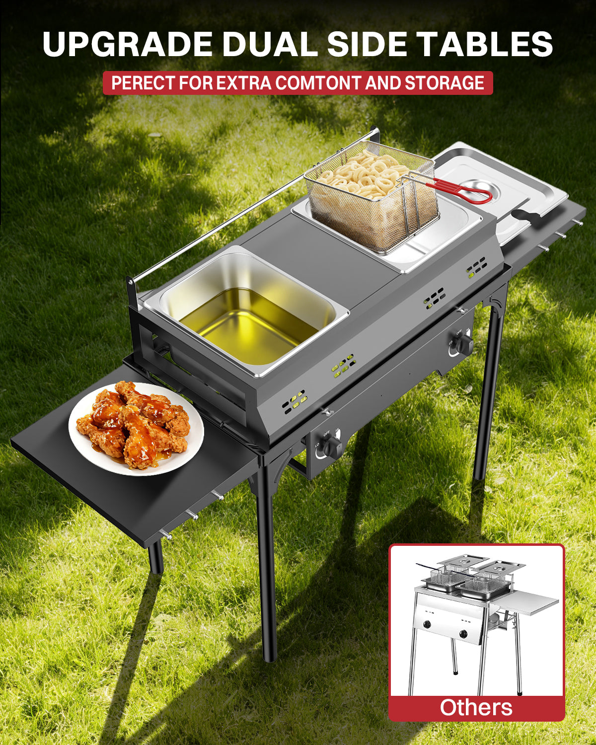 Outdoor Propane Deep Fryer | Dual Modes | Two Tanks | 8Qt Stainless Steel Pots | Includes Cover Tongs Thermometers Baskets & Lids | Independent Burners | 40,000 BTU | Ideal for Home & Commercial Use