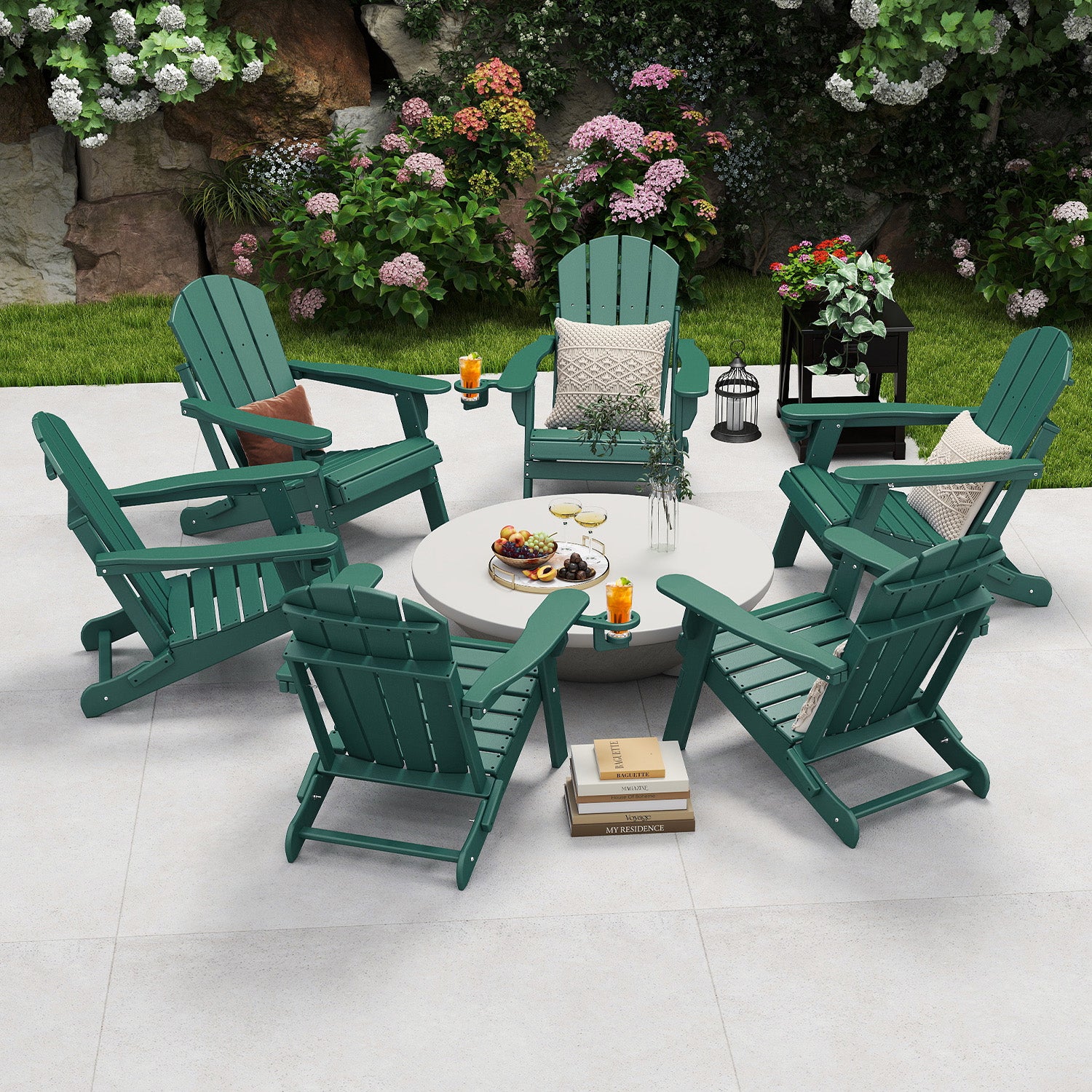 Outdoor Folding Adirondack Chair set of 6, HDPE All Weather Patio Chair with Cup Holder for Deck Backyard Garden, Forest