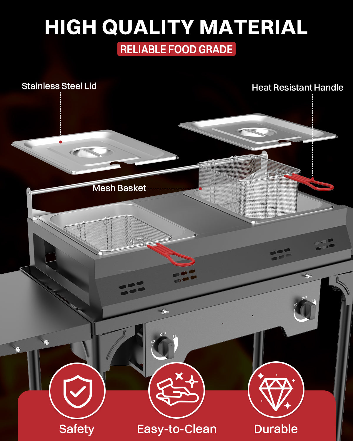 Outdoor Propane Deep Fryer | Dual Modes | Two Tanks | 8Qt Stainless Steel Pots | Includes Cover Tongs Thermometers Baskets & Lids | Independent Burners | 40,000 BTU | Ideal for Home & Commercial Use