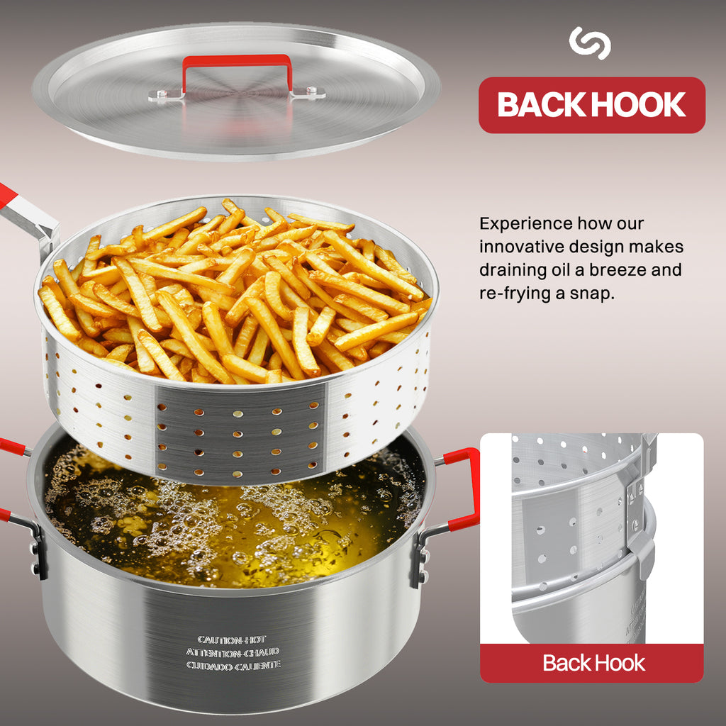 10QT Aluminum Fish Fryer Pot | with Lid & Tong | Deep Fryer with Basket | Indoor & Outdoor Cooking | All-Round Protection | Accessory Gift Pack | Perfect For Boiling ＆ Frying