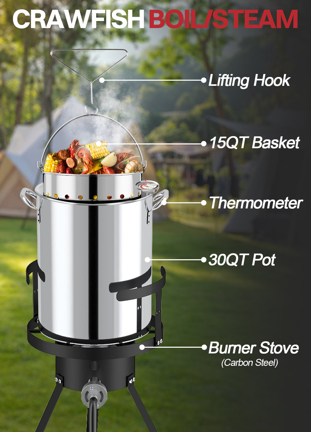 30QT Stainless Steel Turkey Fryer | Seafood & Crawfish Boiler | Basket & Waterptroof Cover Included | 50,000BTU Propane Burner | Outdoor Deep Fryers | Ideal for Frying & Boiling