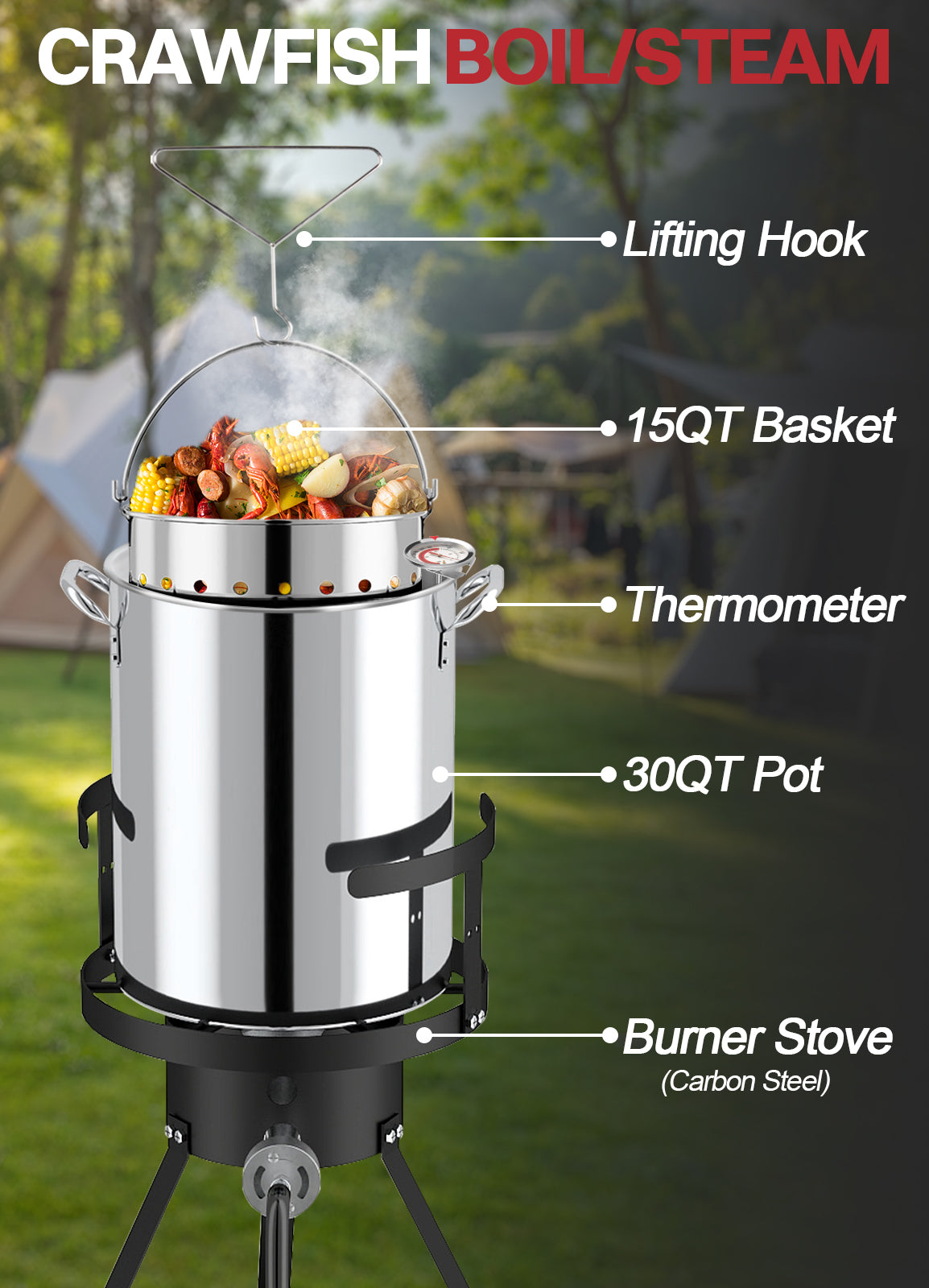 30QT Stainless Steel Turkey Fryer | Seafood & Crawfish Boiler | Basket & Waterptroof Cover Included | 50,000BTU Propane Burner | Outdoor Deep Fryers | Ideal for Frying & Boiling