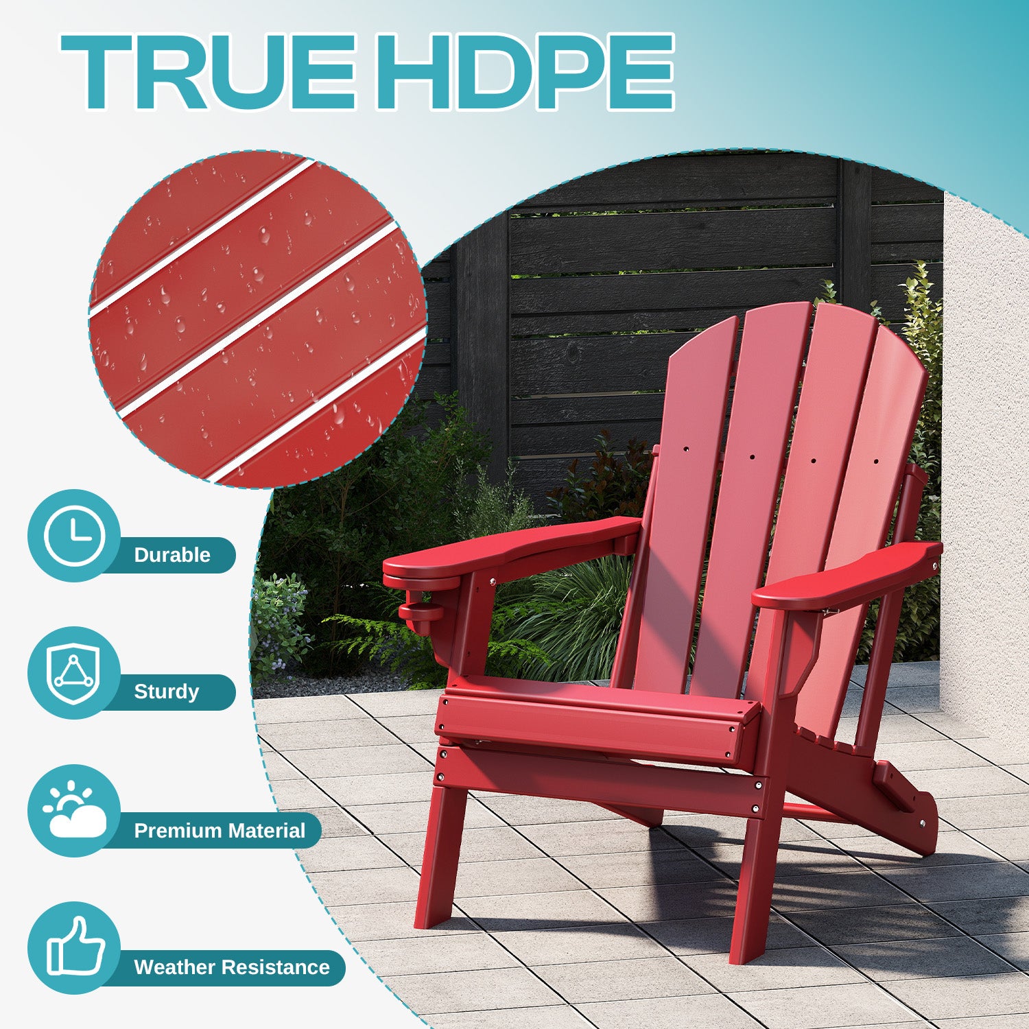 Outdoor Folding Adirondack Chair set of 6, HDPE All Weather Patio Chair with Cup Holder for Deck Backyard Garden, Red
