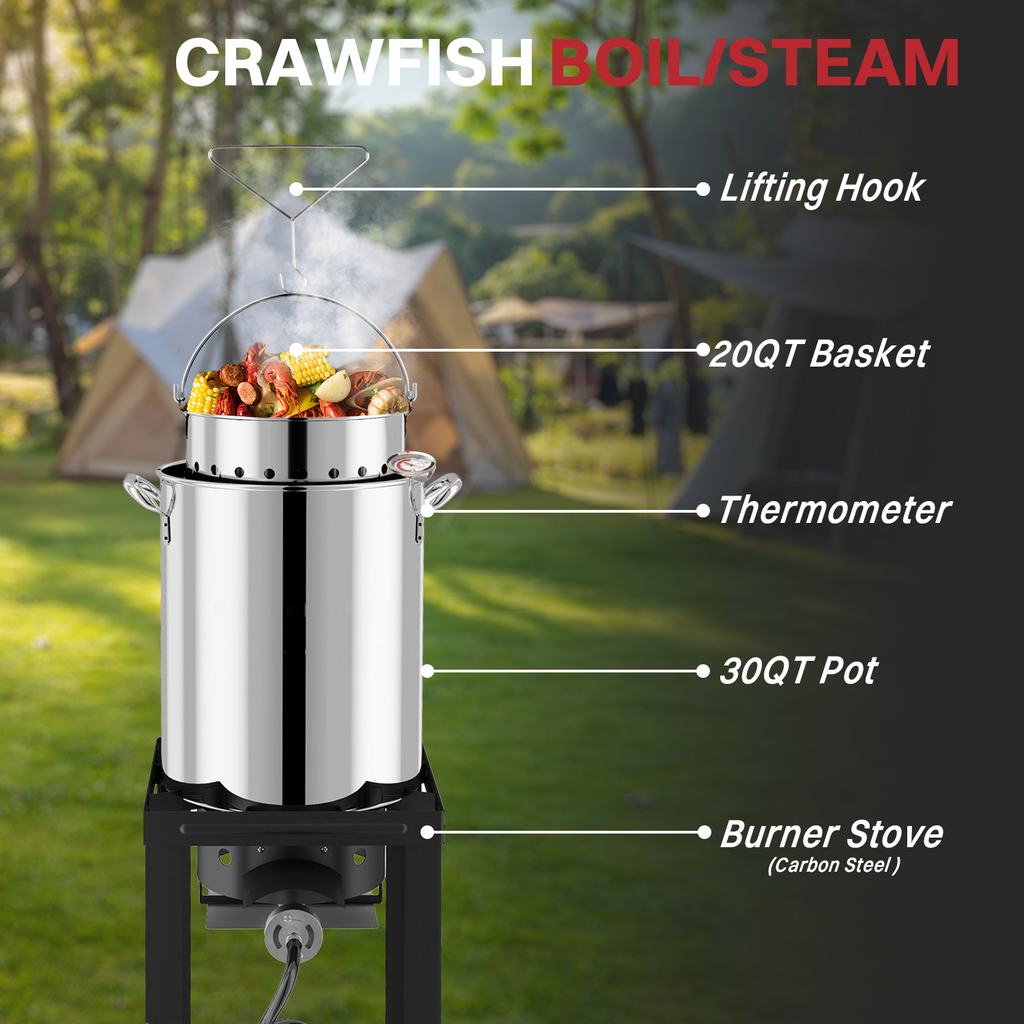 30QT Stainless Steel Turkey Fryer | Outdoor Fryer | Cover & Skimmer Included | Seafood Boil Pot | 50,000BTU Propane Burner | Deep Fryer Pot with Basket | Crab, Seafood & Crawfish Boiler