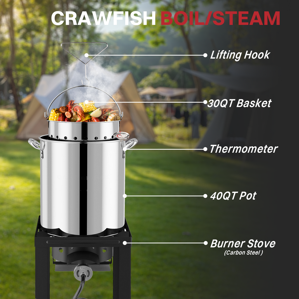 40QT Stainless Steel Turkey Fryer | Outdoor Fryer | Seafood Boil Pot | Cover & Skimmer Included | 50,000BTU Propane Burner | Deep Fryer Pot with Basket | Crab, Seafood & Crawfish Boiler