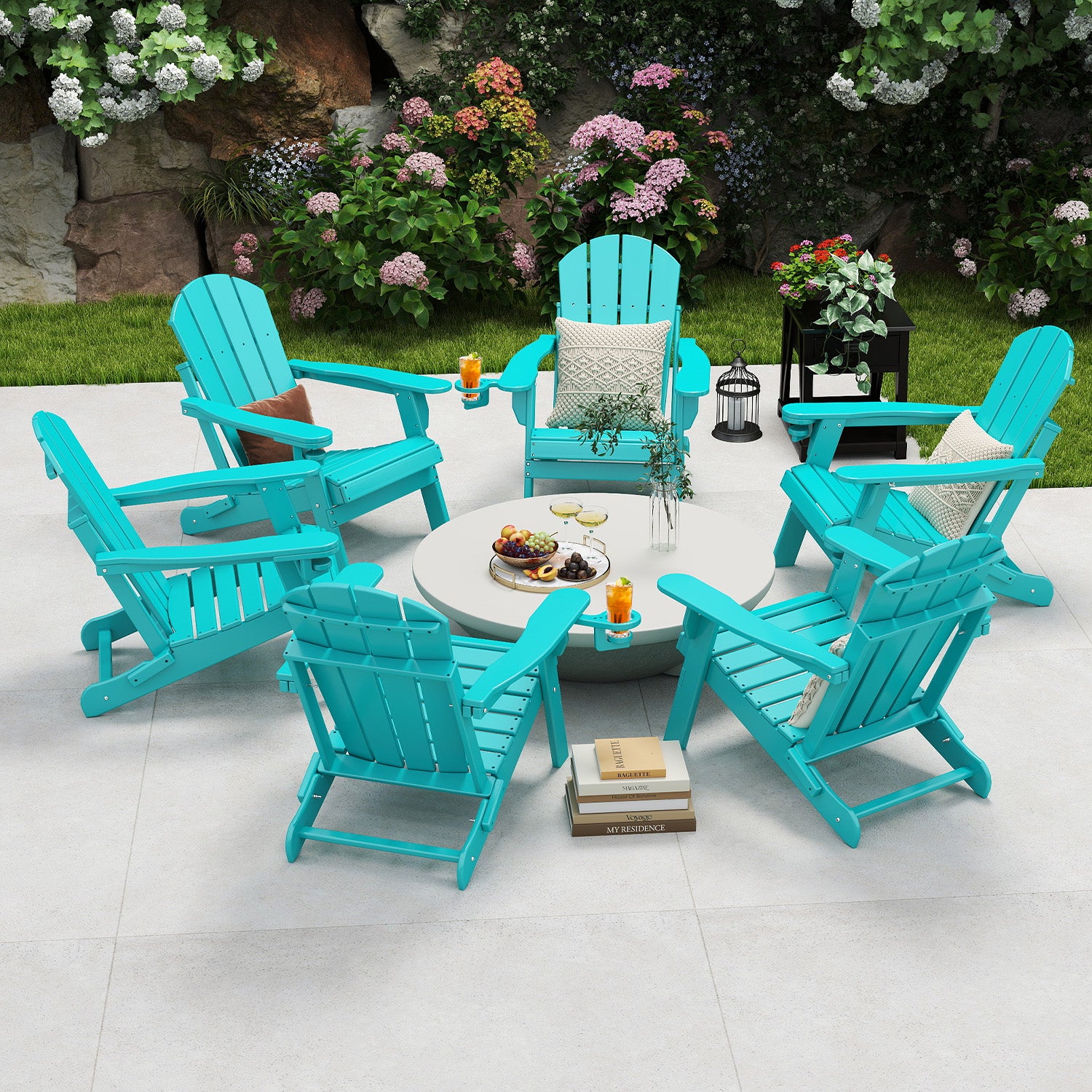 Outdoor Folding Adirondack Chair set of 6, HDPE All Weather Patio Chair with Cup Holder for Deck Backyard Garden, Aqua