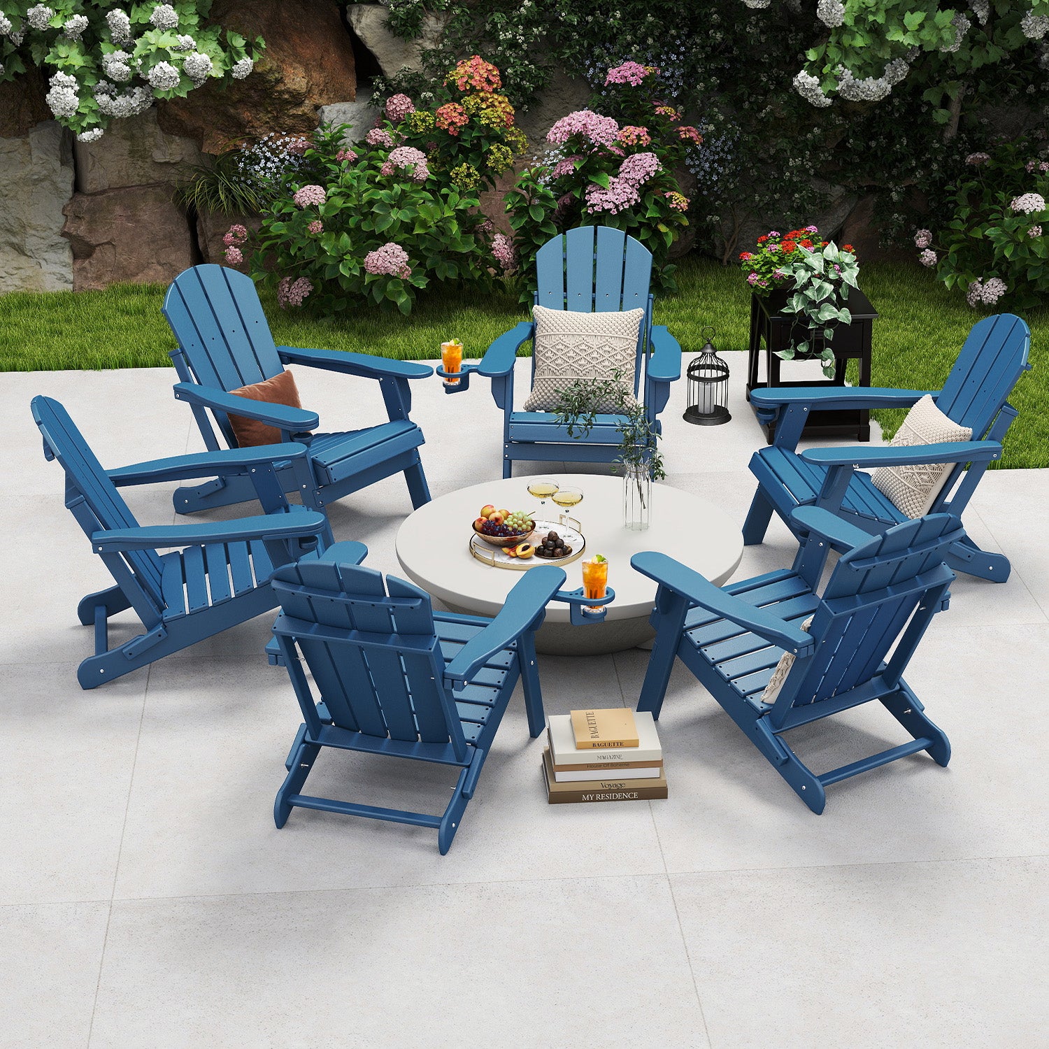 Outdoor Folding Adirondack Chair set of 6, HDPE All Weather Patio Chair with Cup Holder for Deck Backyard Garden, Blue