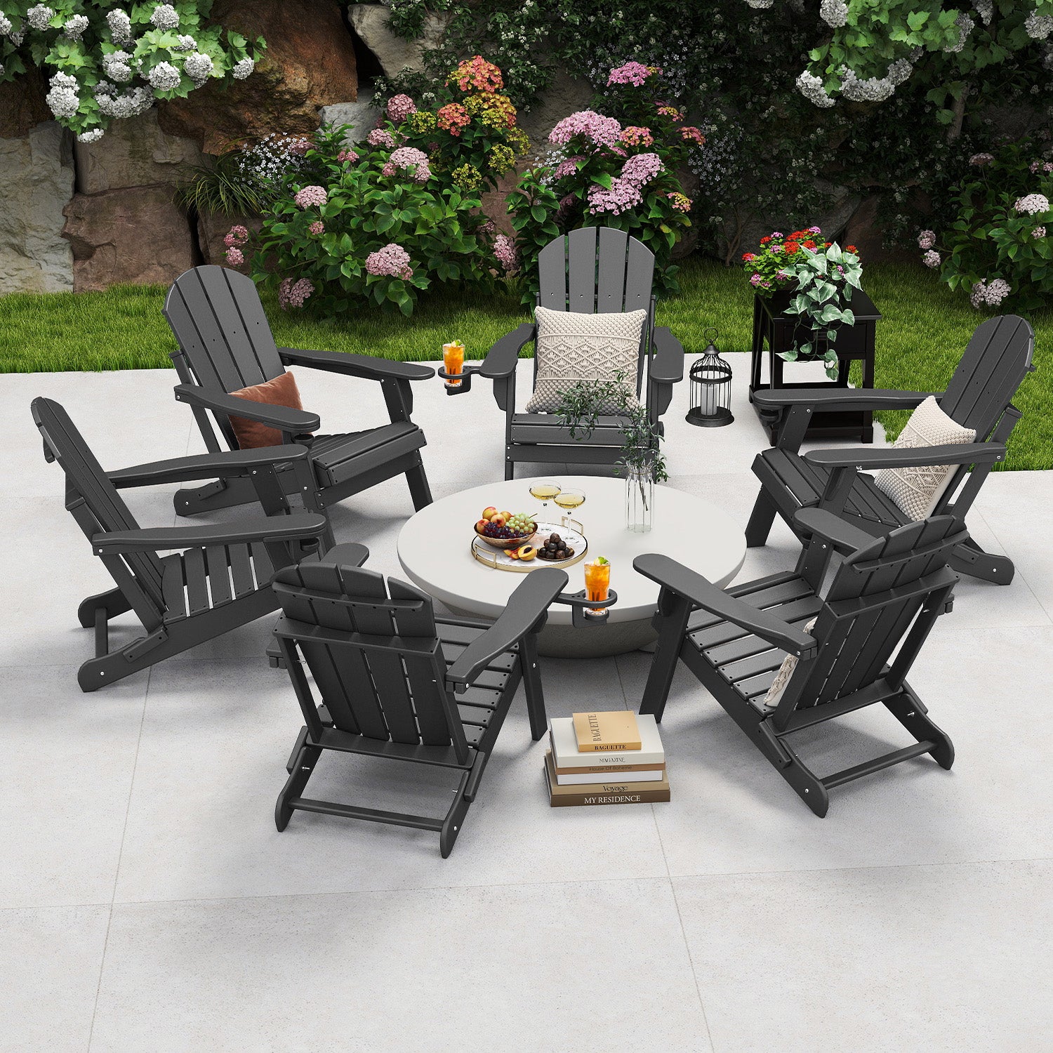 Outdoor Folding Adirondack Chair set of 6, HDPE All Weather Patio Chair with Cup Holder for Deck Backyard Garden, Gray
