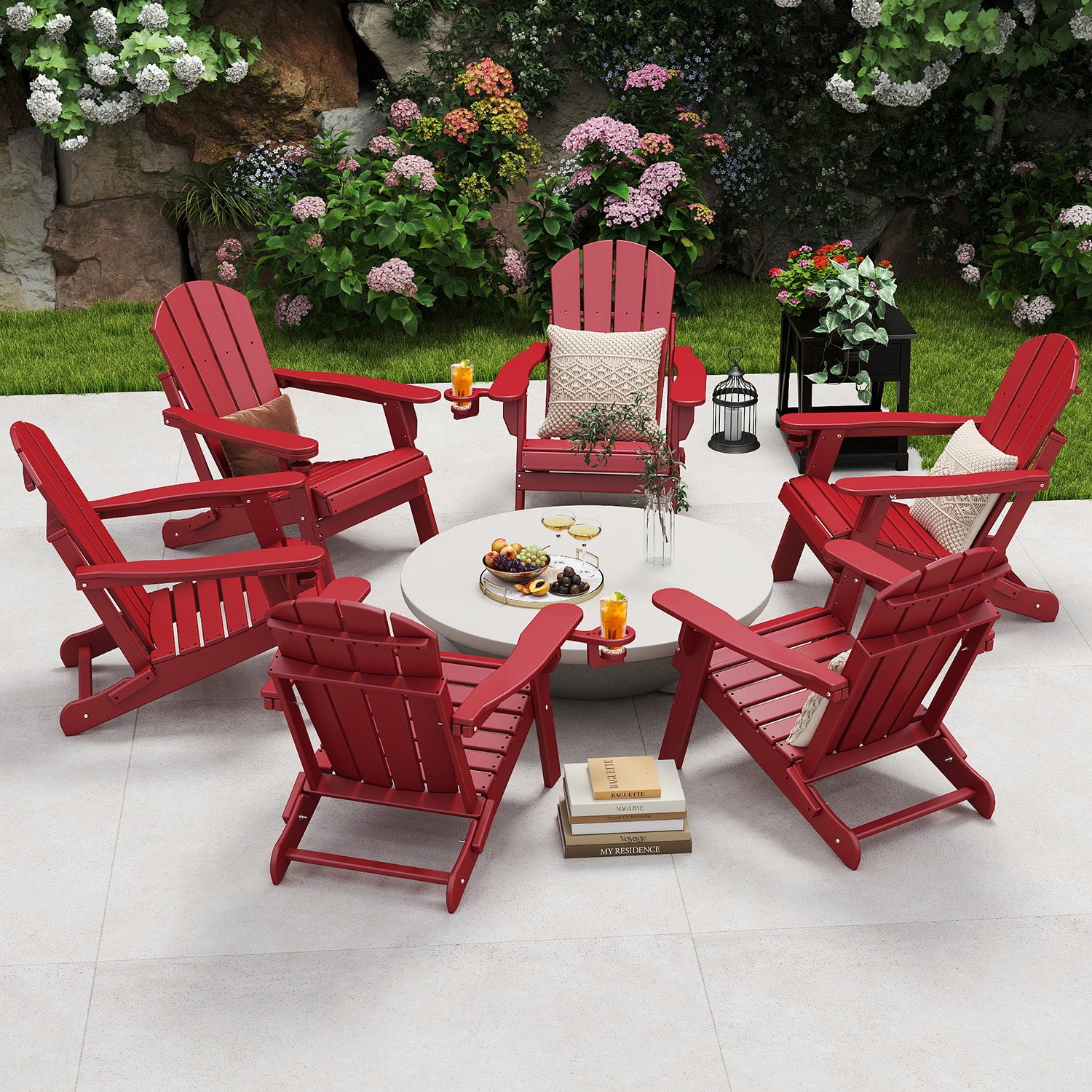 Outdoor Folding Adirondack Chair set of 6, HDPE All Weather Patio Chair with Cup Holder for Deck Backyard Garden, Red