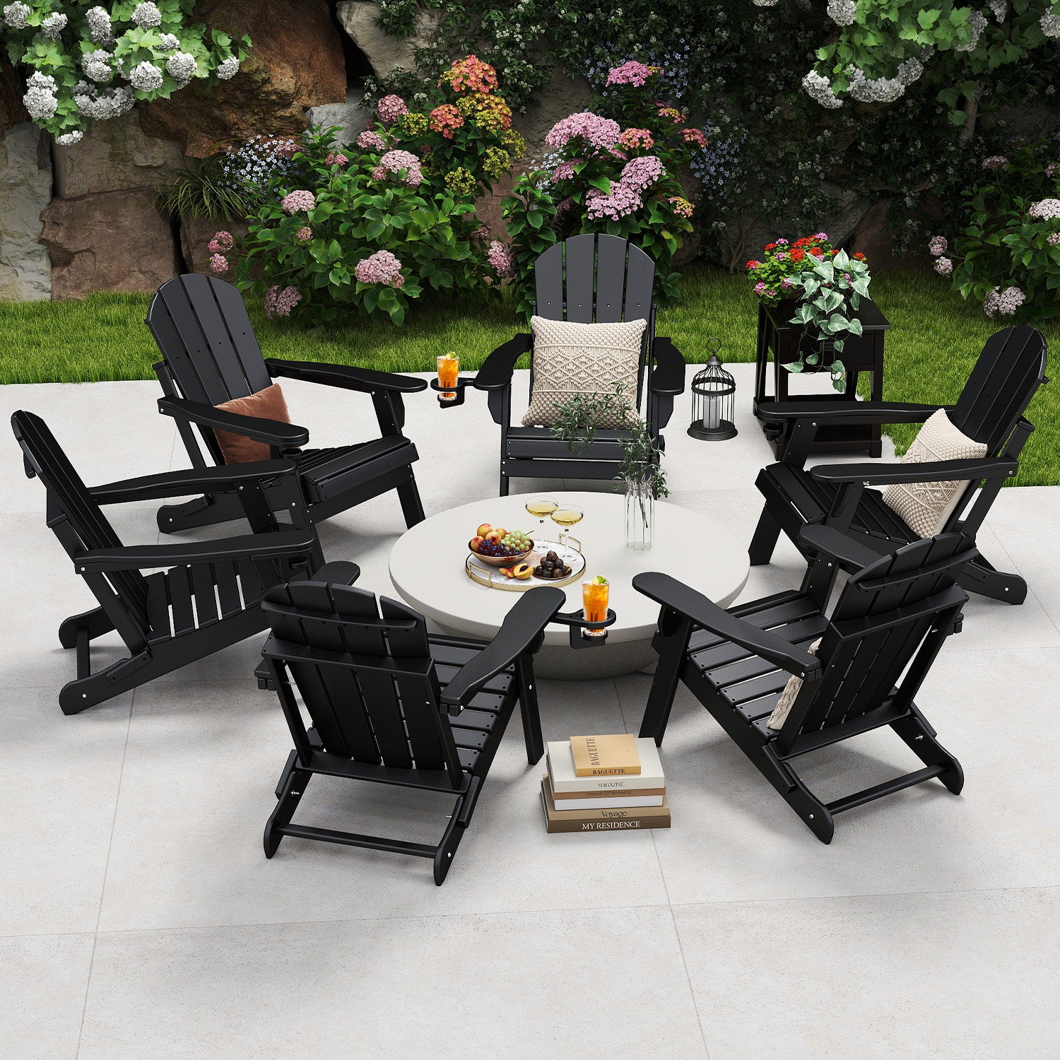 Outdoor Folding Adirondack Chair set of 6, HDPE All Weather Patio Chair with Cup Holder for Deck Backyard Garden, Black