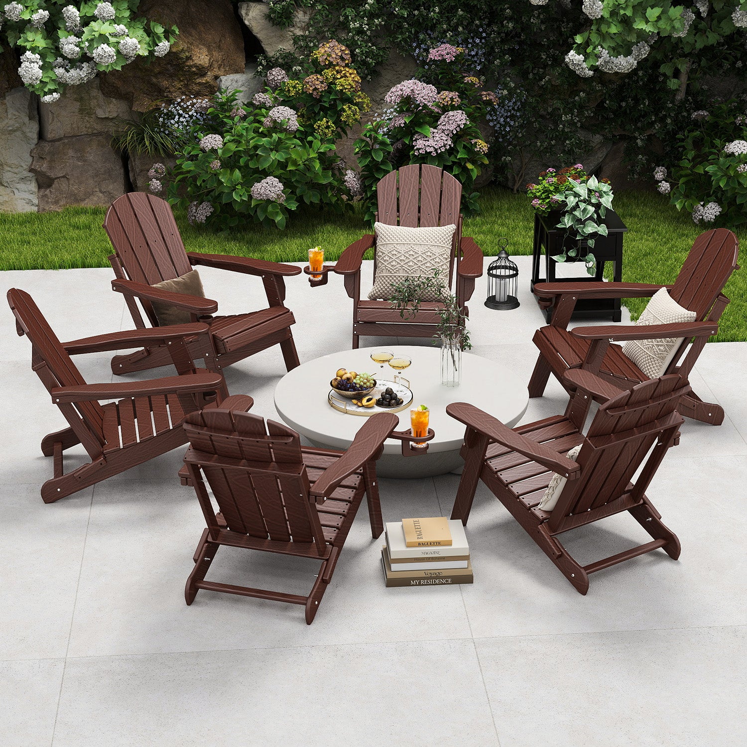Outdoor Folding Adirondack Chair set of 6, HDPE All Weather Patio Chair with Cup Holder for Deck Backyard Garden, BrownWood