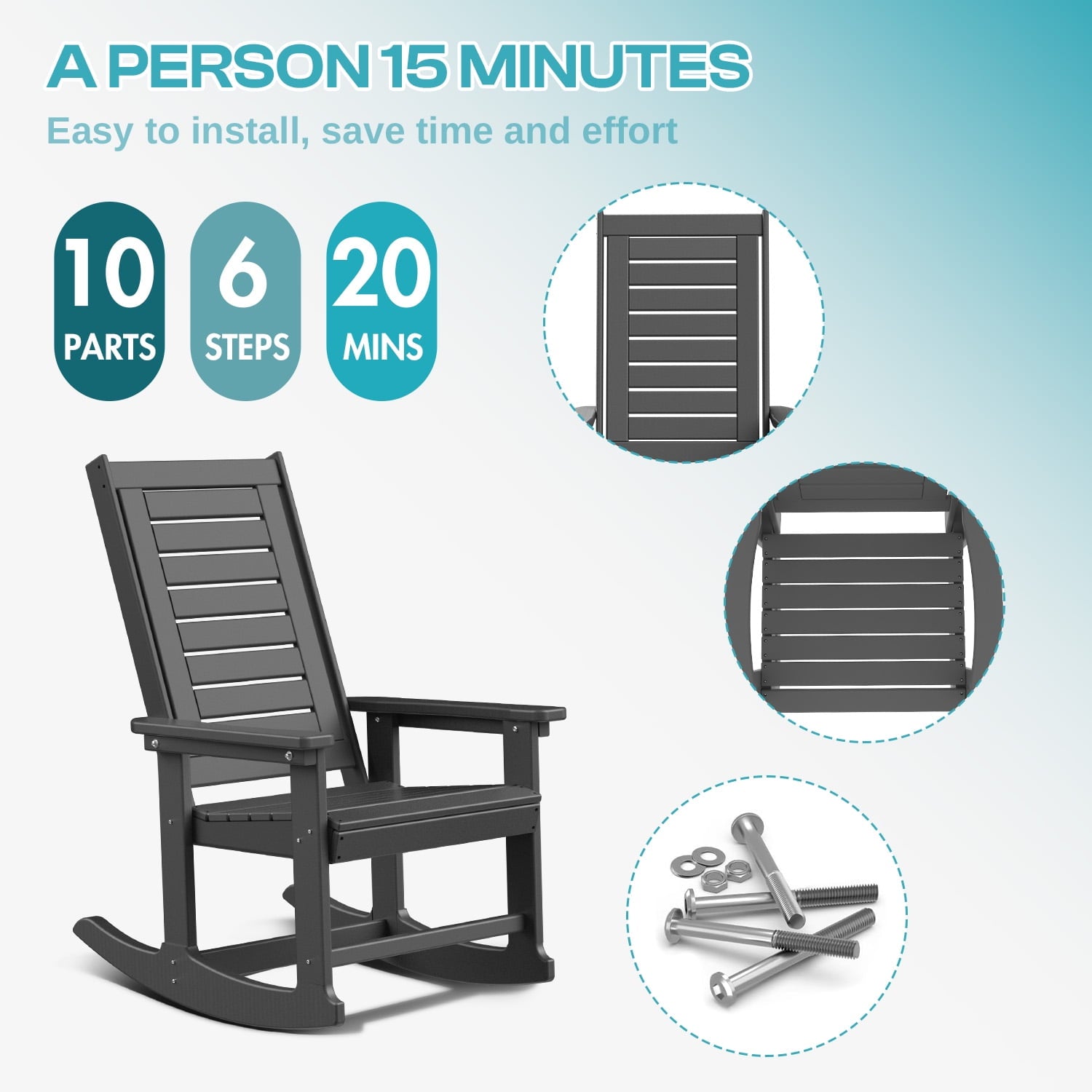 PIPOPA Outdoor Rocking Chair, HDPE All Weather Adirondack Oversized Rockers, Porch Rocking Chairs for Patio Outside Backyard Balcony Garden, Grey
