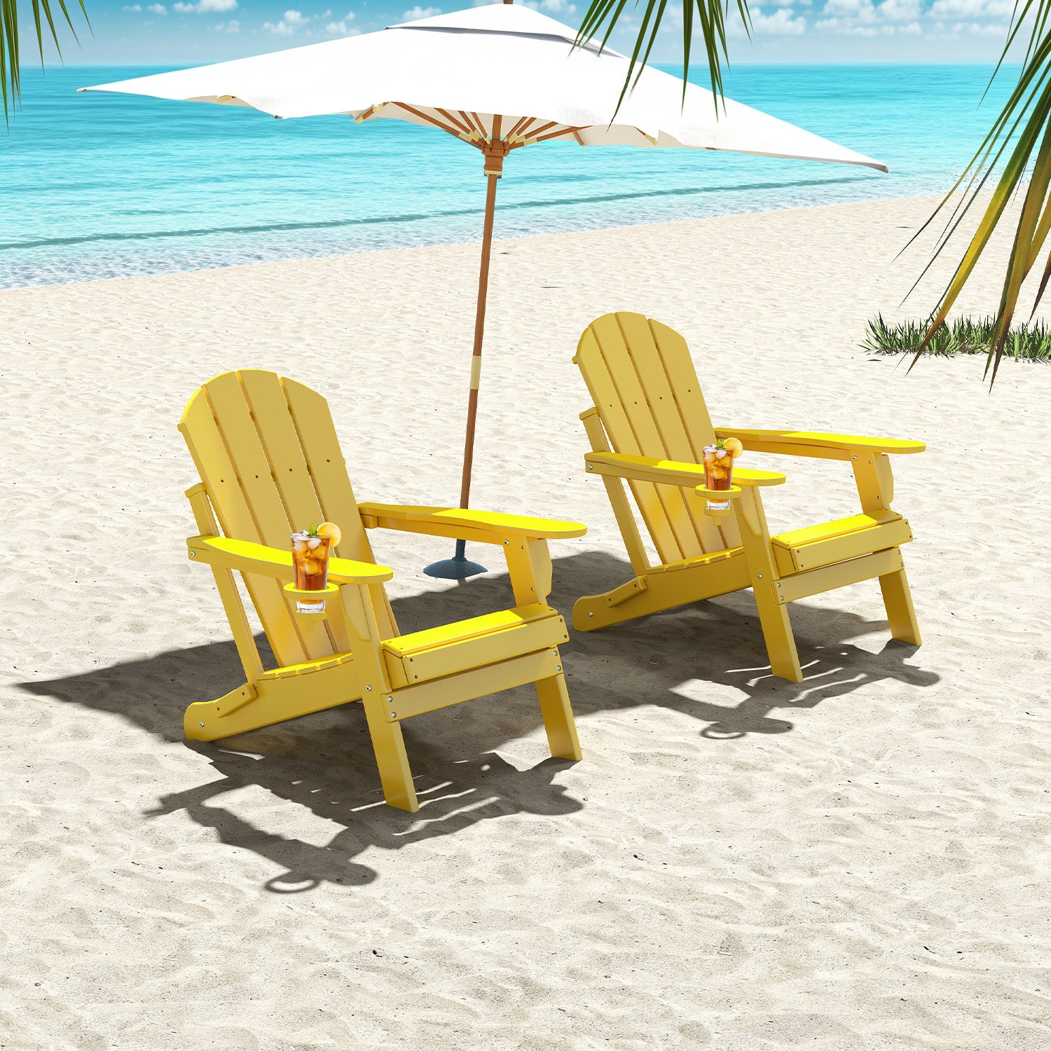 Outdoor Folding Adirondack Chair set of 2, HDPE All Weather Patio Chair with Cup Holder for Deck Backyard Garden, Yellow