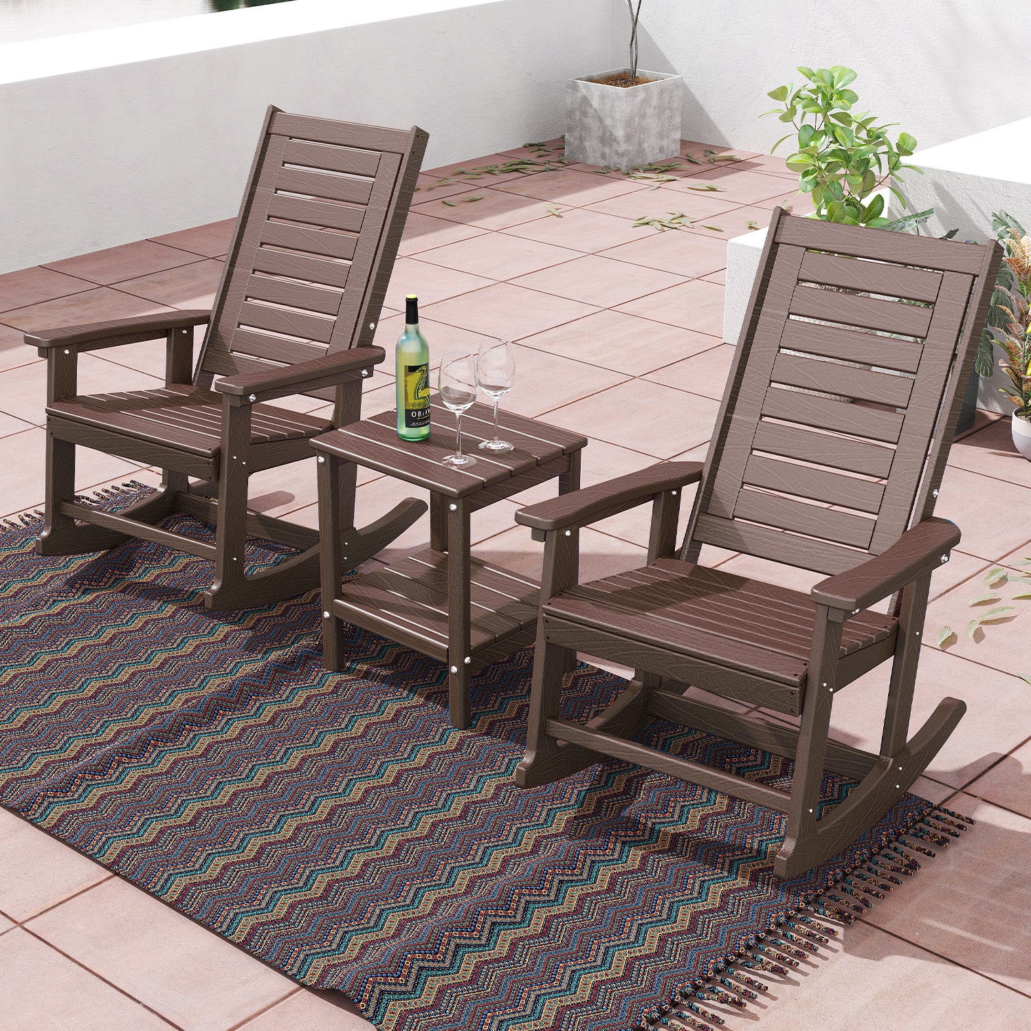 Outdoor Rocking Chair Set of 4,HDPE Oversized Rocking Chair Outdoor,High Back Rocking Patio Chairs for Porch Garden Balcony,BrownWood