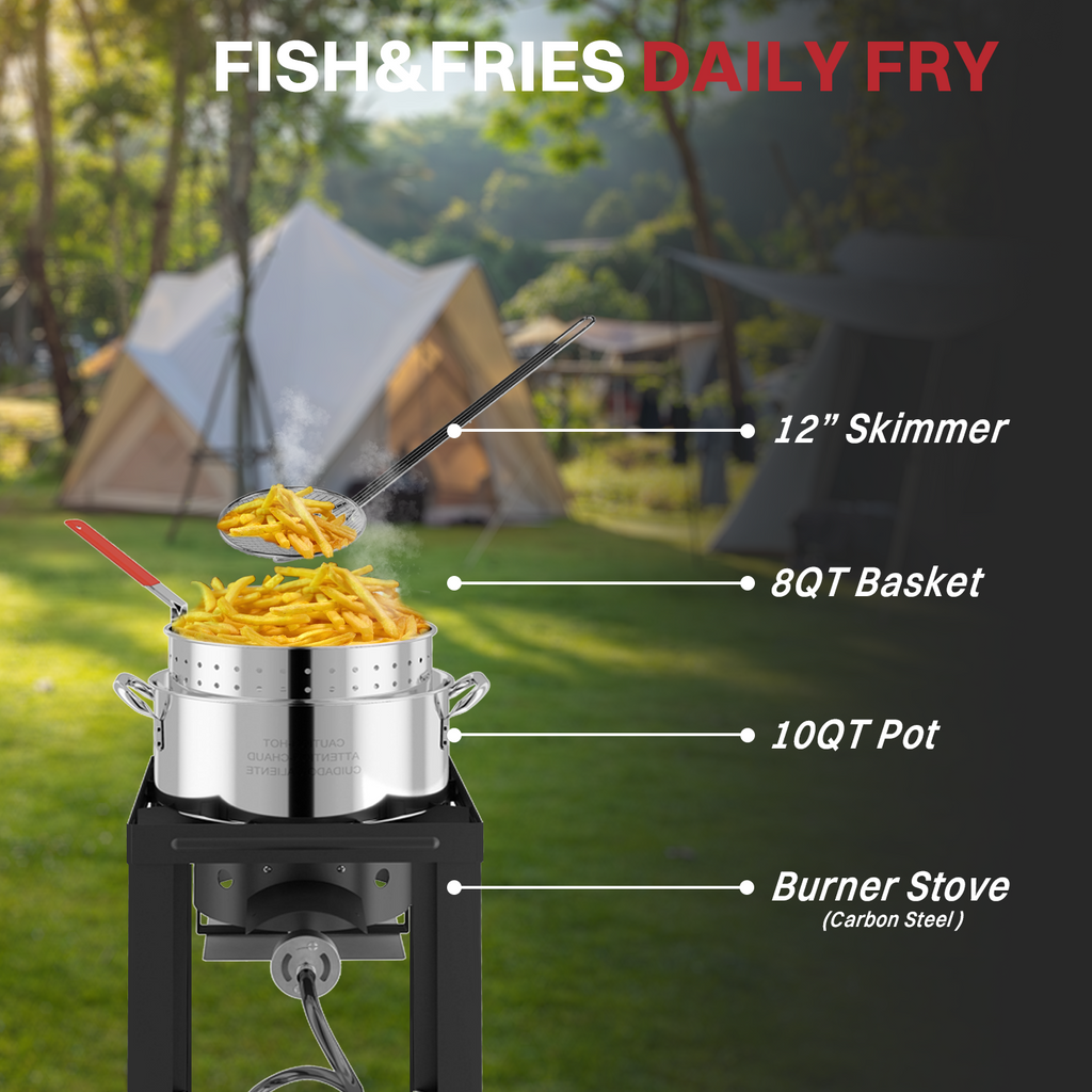 30QT Stainless Steel Turkey Fryer | Outdoor Fryer | Cover & Skimmer Included | Seafood Boil Pot | 50,000BTU Propane Burner | Deep Fryer Pot with Basket | Crab, Seafood & Crawfish Boiler