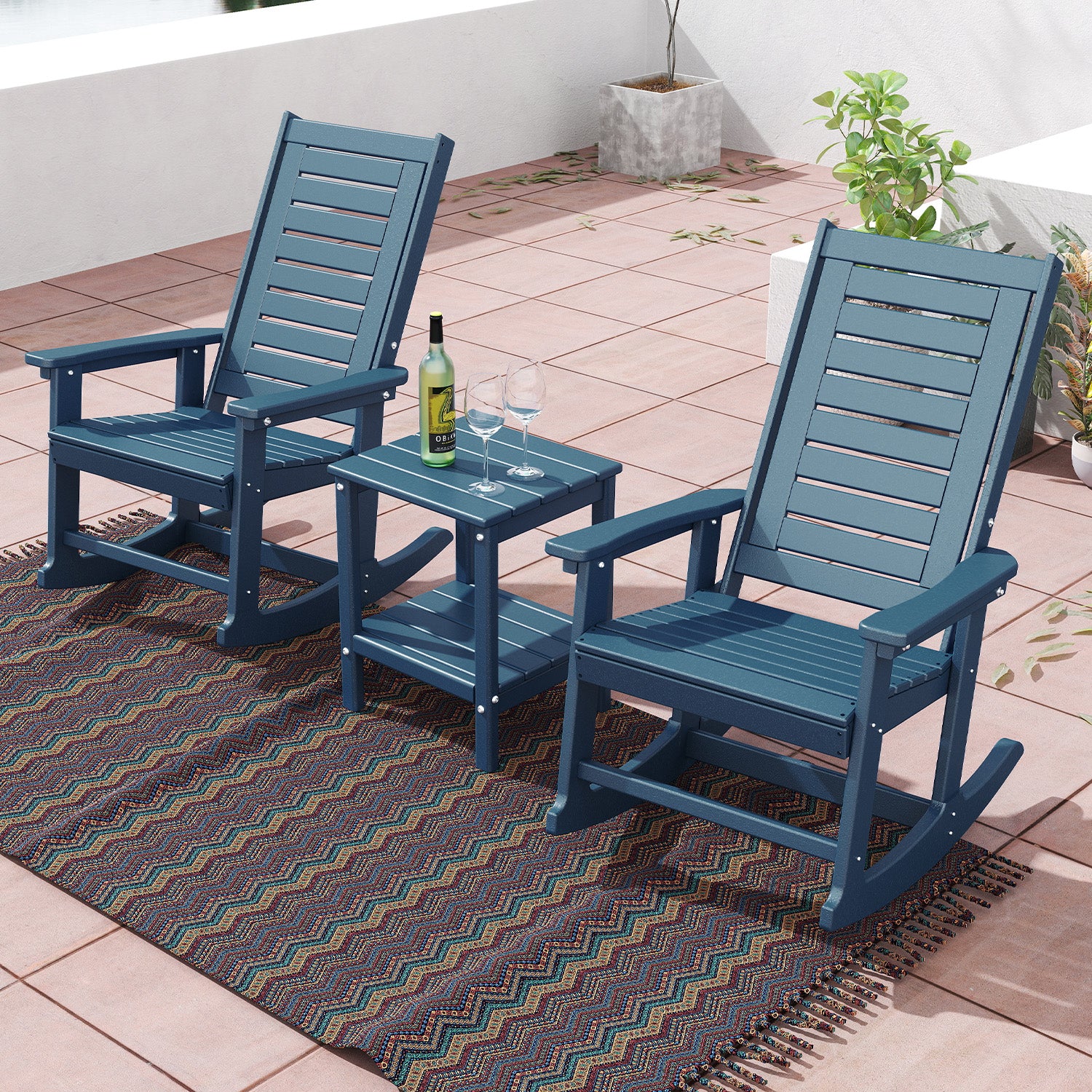 Outdoor Rocking Chair Set of 4,HDPE Oversized Rocking Chair Outdoor,High Back Rocking Patio Chairs for Porch Garden Balcony,Blue