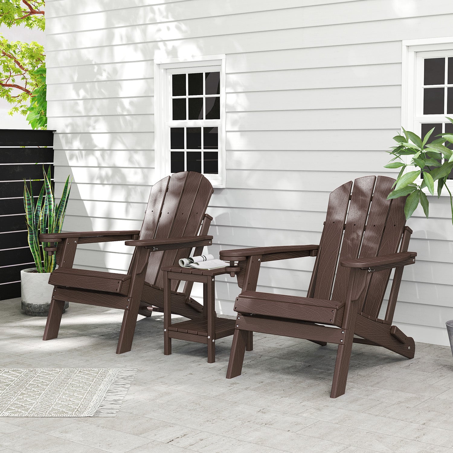 Outdoor Folding Adirondack Chair set of 2, HDPE All Weather Patio Chair with Cup Holder for Deck Backyard Garden, BrownWood