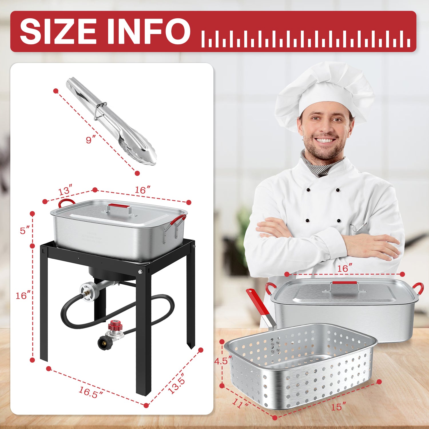 18QT Outdoor Propane Fish Fryer | 50,000 BTU Propane Deep Fryer | Includes 18QT Basket | Lid | Cover | 9" Fryer Tong & 6" Thermometer | Perfect for Cooking Fish, Chicken Wings, and Fries