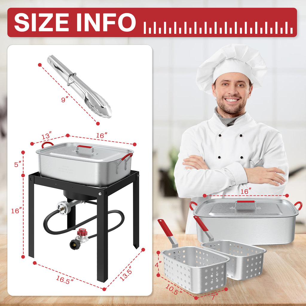 18QT Outdoor Propane Deep Fryer | Include 2 Baskets | Lid | 9" Fryer Tong | 6" Thermometer | Fish Fryer Pot with 50,000 BTU Propane Burner | Ideal for Fish, Chicken Wings & French Fries