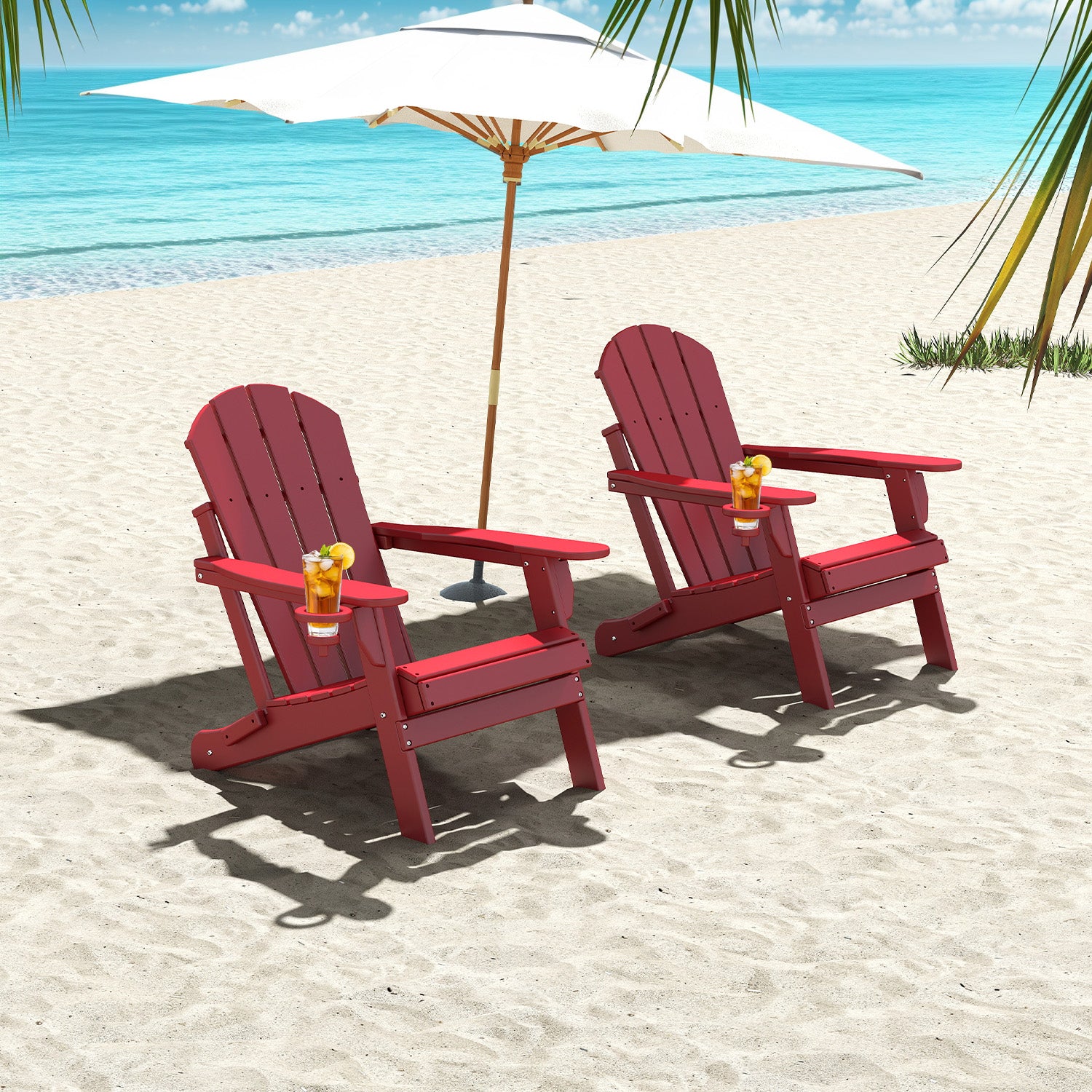 Outdoor Folding Adirondack Chair, HDPE All Weather Patio Chair with Cup Holder for Deck Backyard Garden, Red