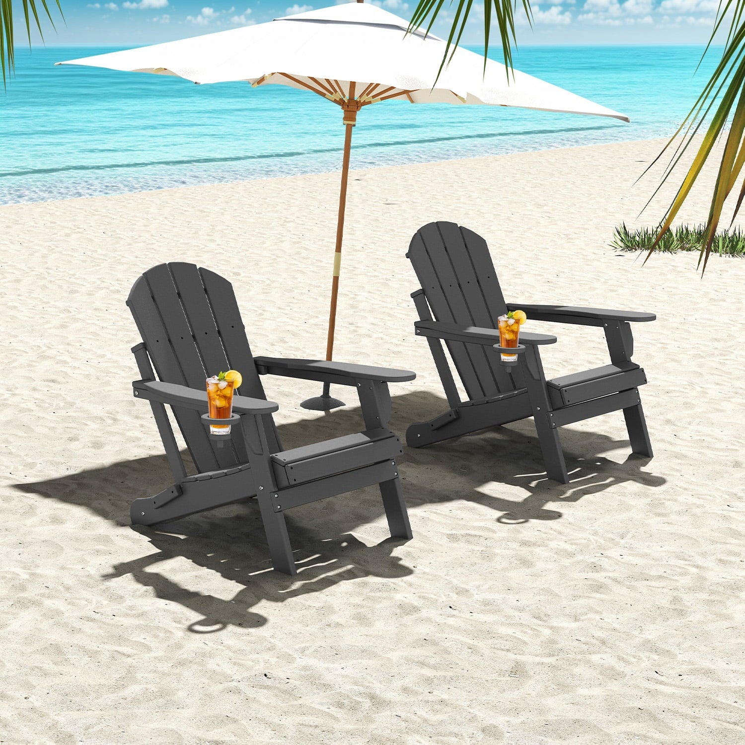PIPOPA Outdoor Folding Adirondack Chair set of 4, HDPE All Weather Patio Chair with Cup Holder for Deck Backyard Garden, Grey