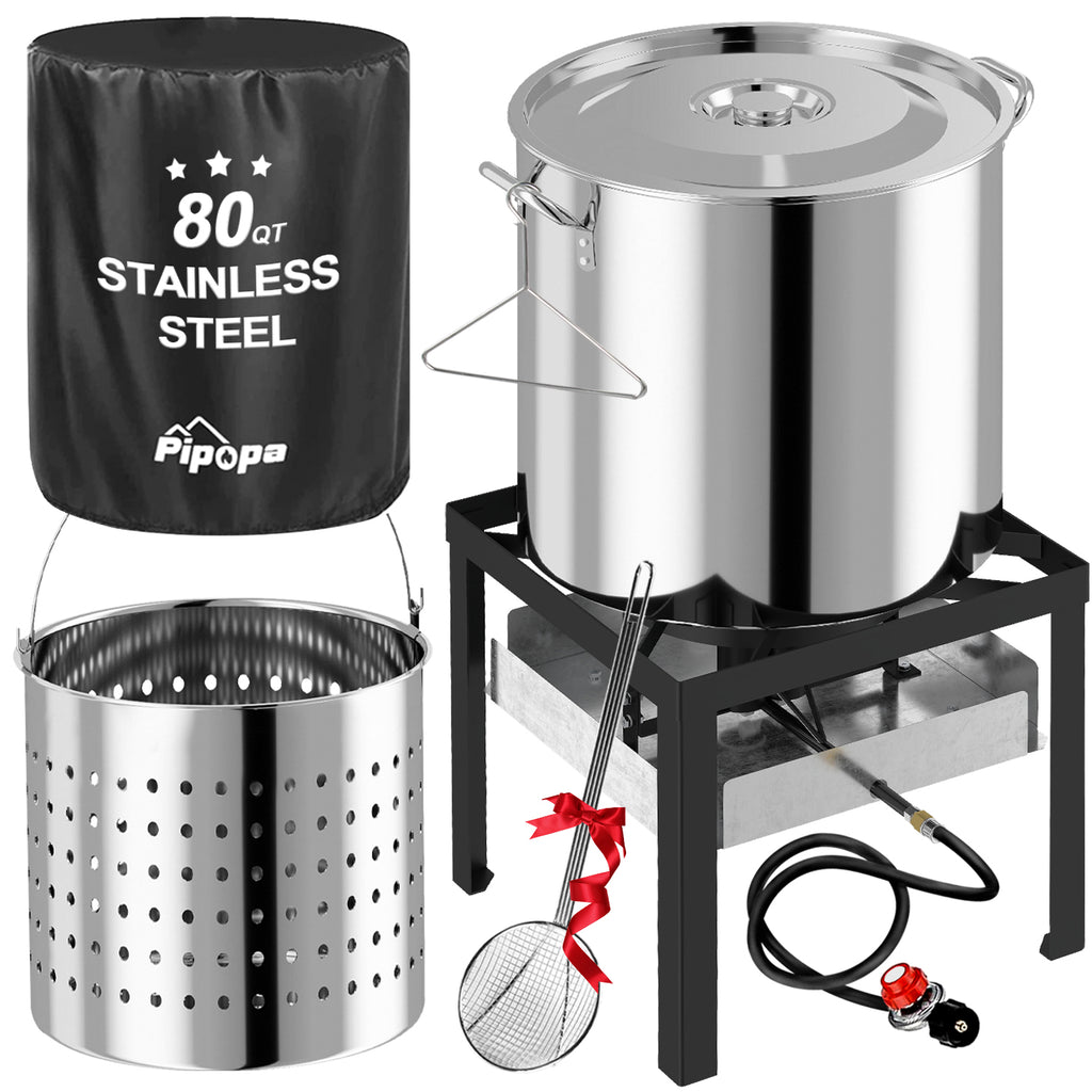 80QT Stainless Steel Crawfish Boiler | Seafood Boiling Kit | Cover & 18" Skimmer Included | 110,000BTU Propane Jet Burner | 20 PSI CSA Certified Regulator | Crab Boil Pot for Outdoor Backyard Cooking