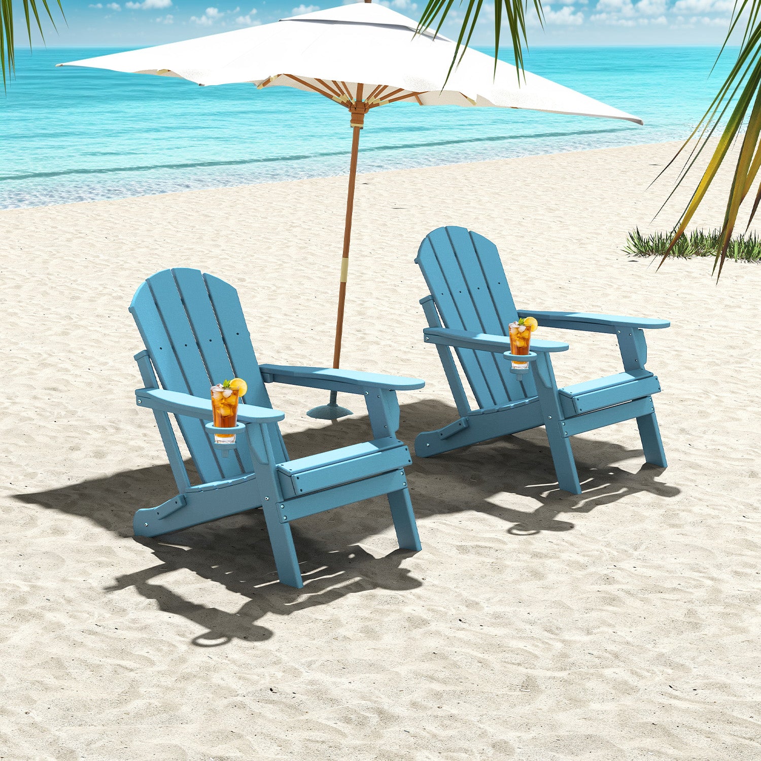 Outdoor Folding Adirondack Chair, HDPE All Weather Patio Chair with Cup Holder for Deck Backyard Garden, Arctic