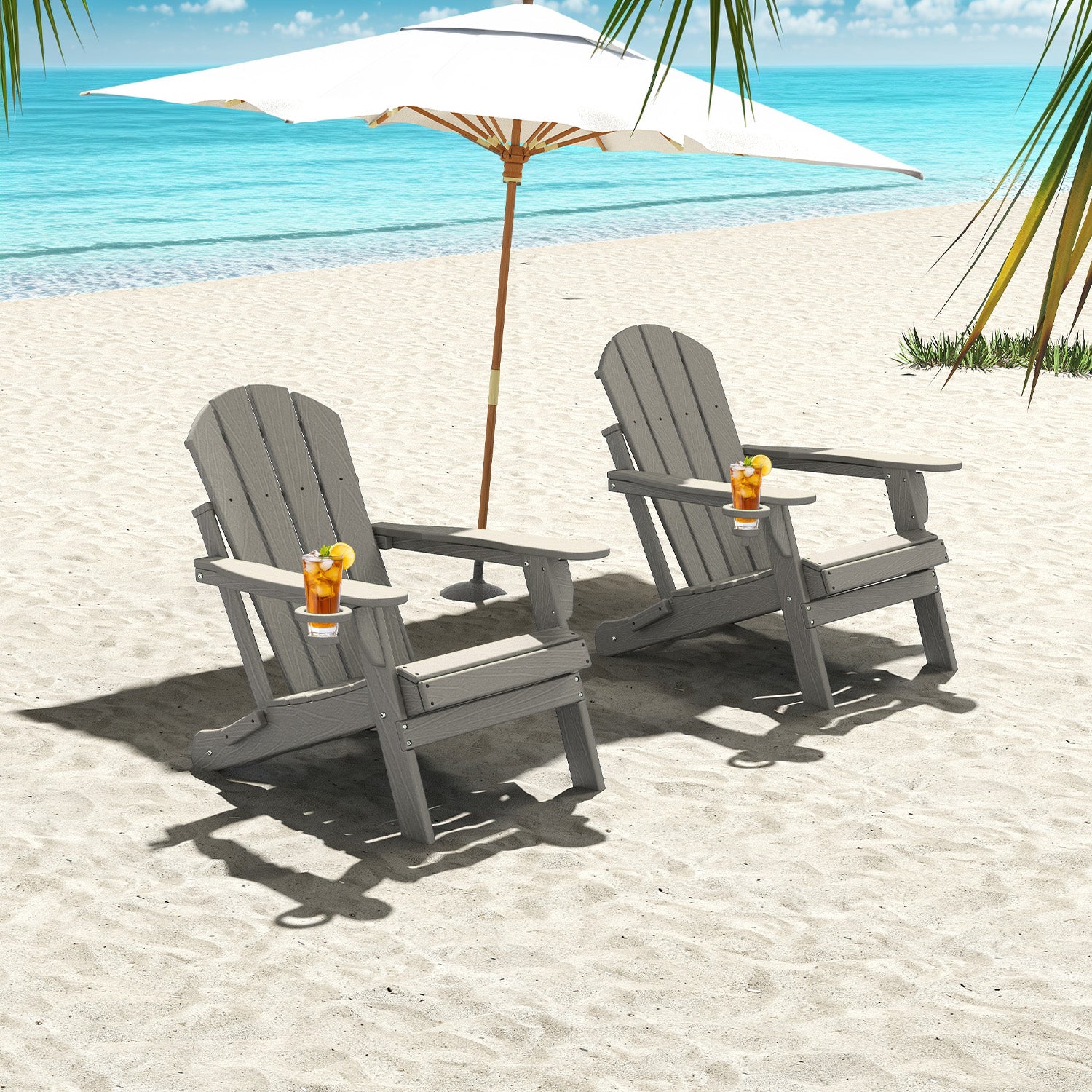 Outdoor Folding Adirondack Chair, HDPE All Weather Patio Chair with Cup Holder for Deck Backyard Garden, Wood