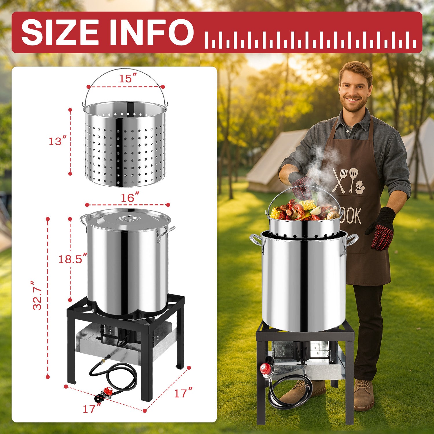 60QT Stainless Steel Crawfish Boiler | Seafood Boiling Kit | Cover & Skimmer Included | 110,000BTU Propane Jet Burner | 0-20 PSI CSA Certified Regulator | Crab Boil Pot for Outdoor Backyard Cooking