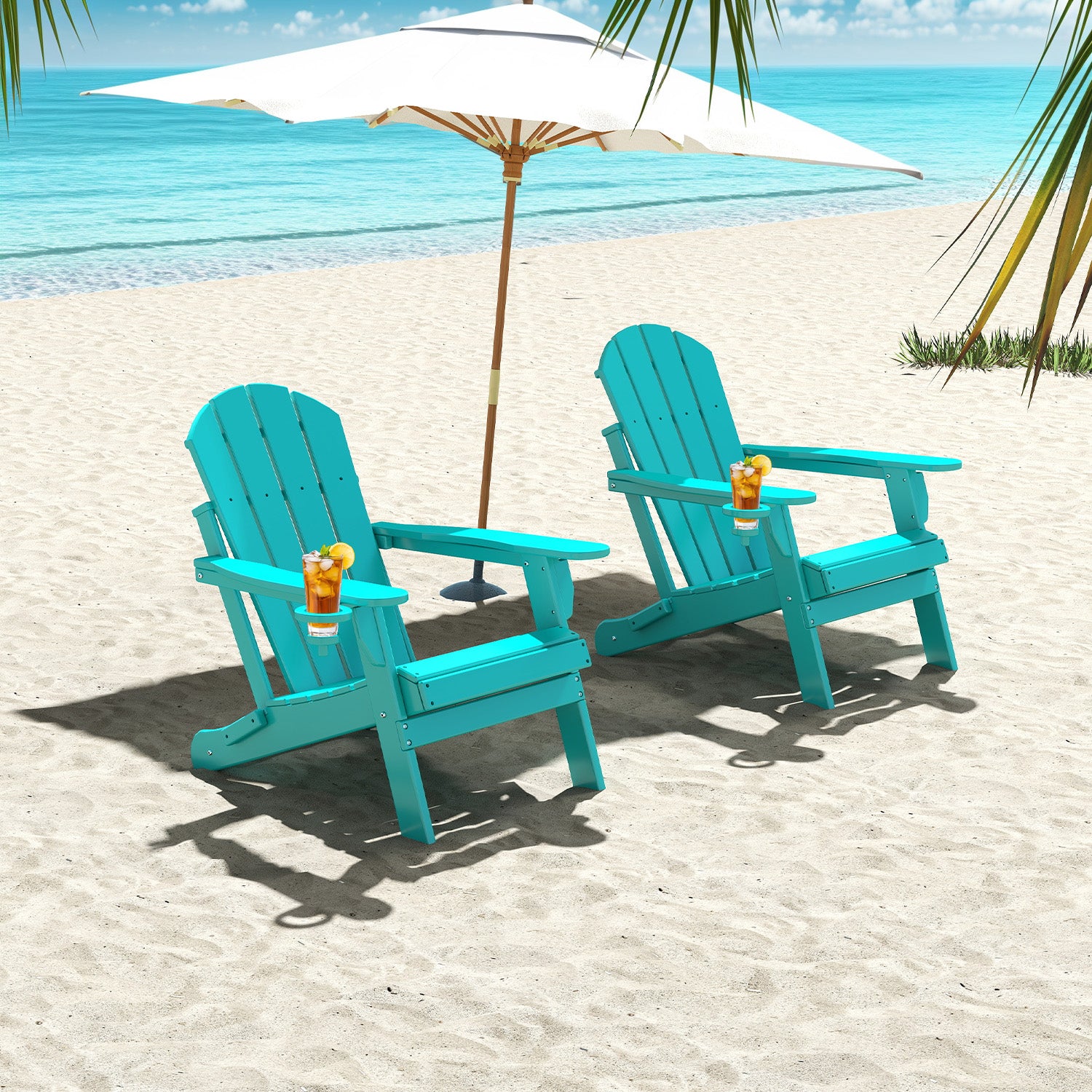 Outdoor Folding Adirondack Chair set of 2, HDPE All Weather Patio Chair with Cup Holder for Deck Backyard Garden, Aqua