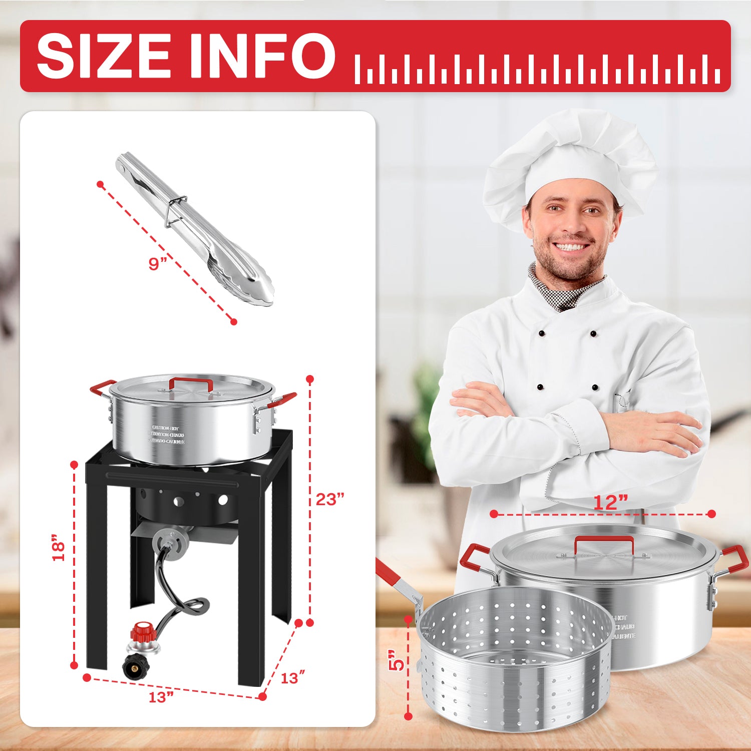 10QT Fish Fryer Pot with Lid | 9inch Fryer Tong | 8QT Basket | 6inch Thermometer | 50,000 BTU Propane Burner | Outdoor Deep Fryer | Ideal for Frying Fish | French Fries | Chicken Wings