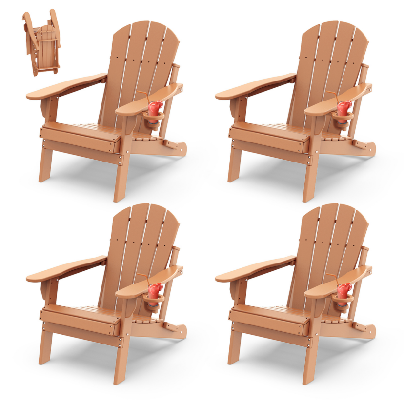 Outdoor Folding Adirondack Chair set of 4, HDPE All Weather Patio Chair with Cup Holder for Deck Backyard Garden, Teak