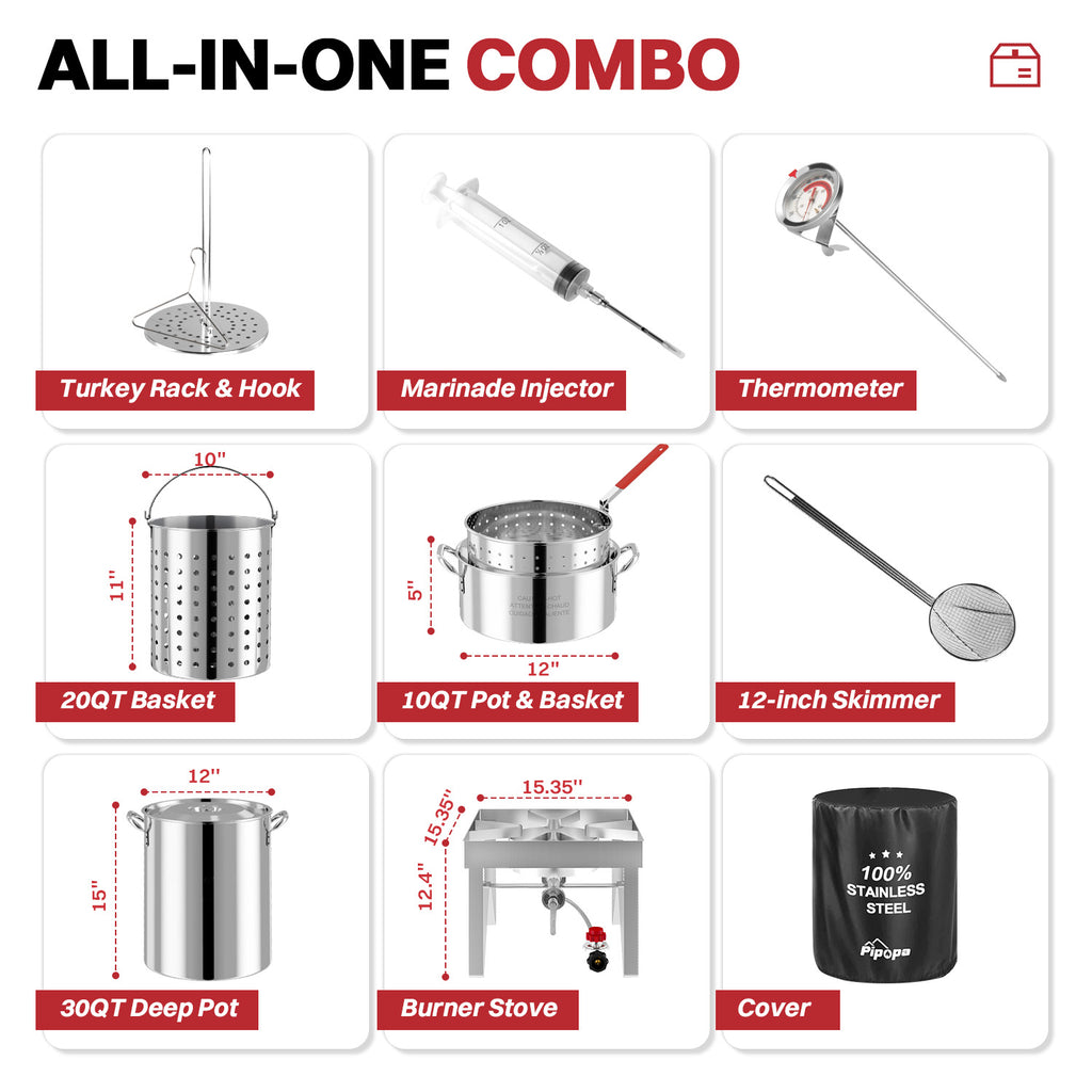 30QT Turkey Fryer Kit | Stainless Steel | Cover | Skimmer | 50,000BTU Burner | Outdoor Deep Fryers with Basket | Seafood Boil Pot | Crab Shirmp & Crawfish Boiler