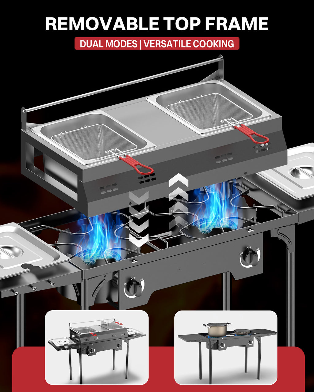Outdoor Propane Deep Fryer | Dual Modes | Two Tanks | 8Qt Stainless Steel Pots | Includes Cover Tongs Thermometers Baskets & Lids | Independent Burners | 40,000 BTU | Ideal for Home & Commercial Use