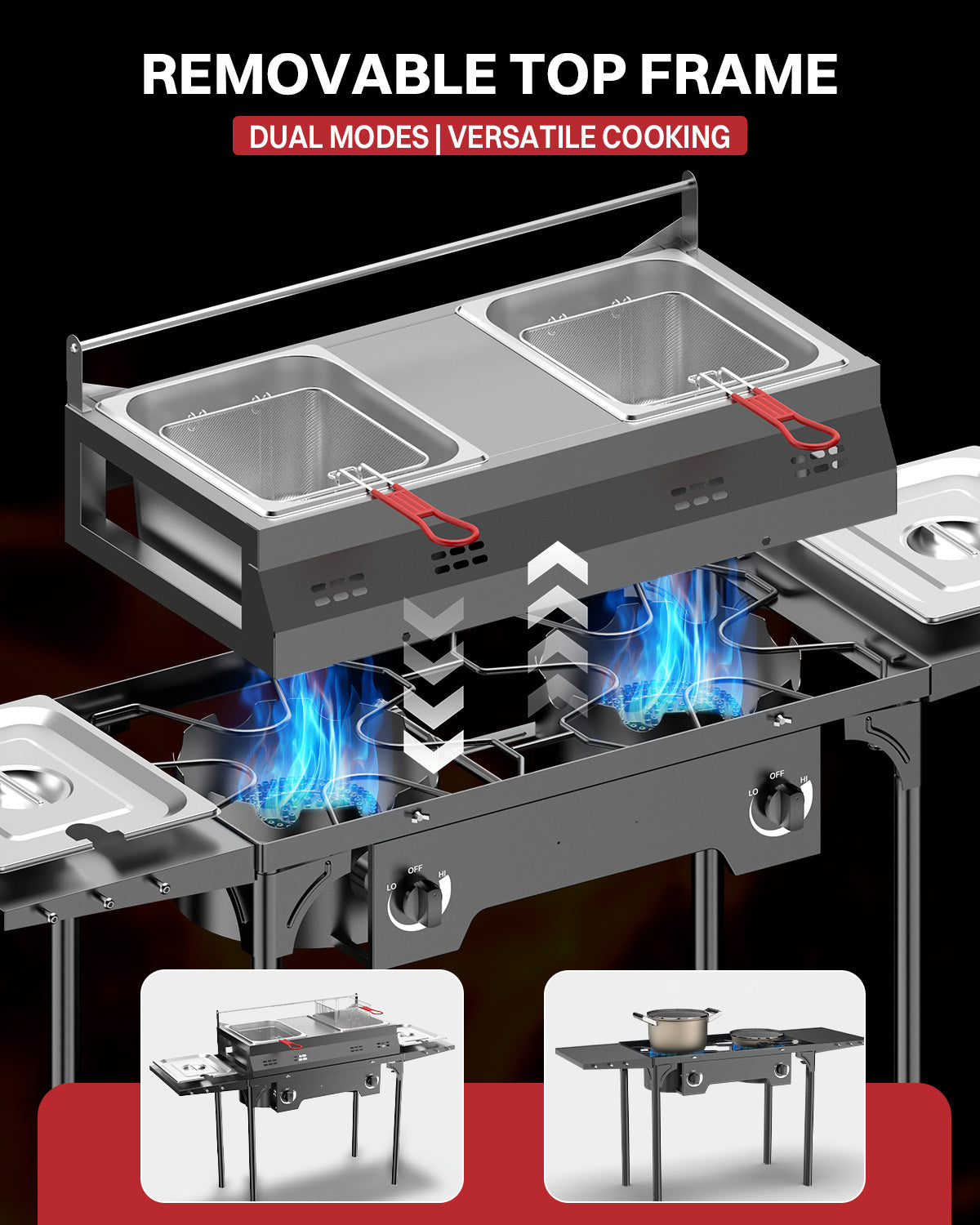 Outdoor Propane Deep Fryer | Dual Modes | Two Tanks | 8Qt Stainless Steel Pots | Includes Cover Tongs Thermometers Baskets & Lids | Independent Burners | 40,000 BTU | Ideal for Home & Commercial Use