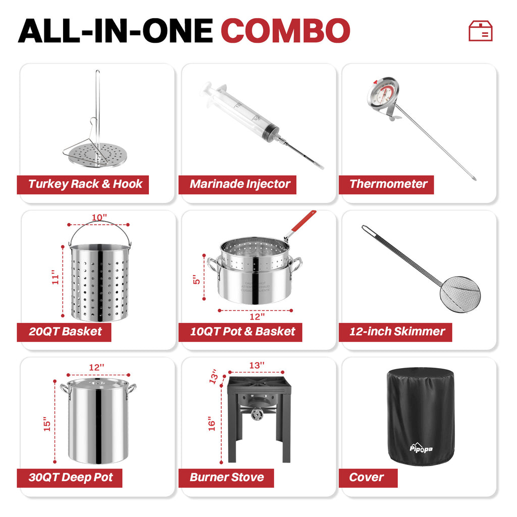 30QT Stainless Steel Turkey Fryer | Outdoor Fryer | Cover & Skimmer Included | Seafood Boil Pot | 50,000BTU Propane Burner | Deep Fryer Pot with Basket | Crab, Seafood & Crawfish Boiler