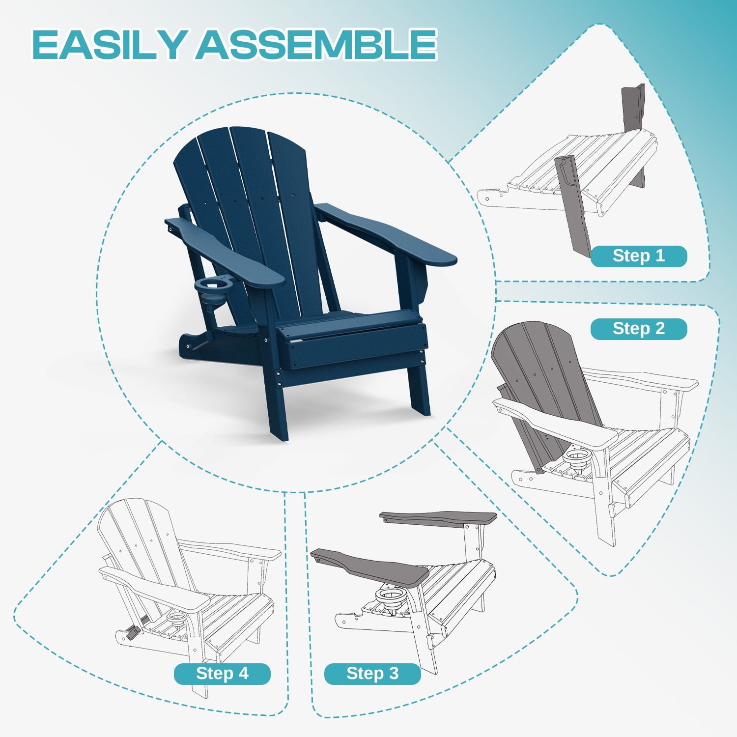 PIPOPA Outdoor Folding Adirondack Chair set of 4, HDPE All Weather Patio Chair with Cup Holder for Deck Backyard Garden, Blue