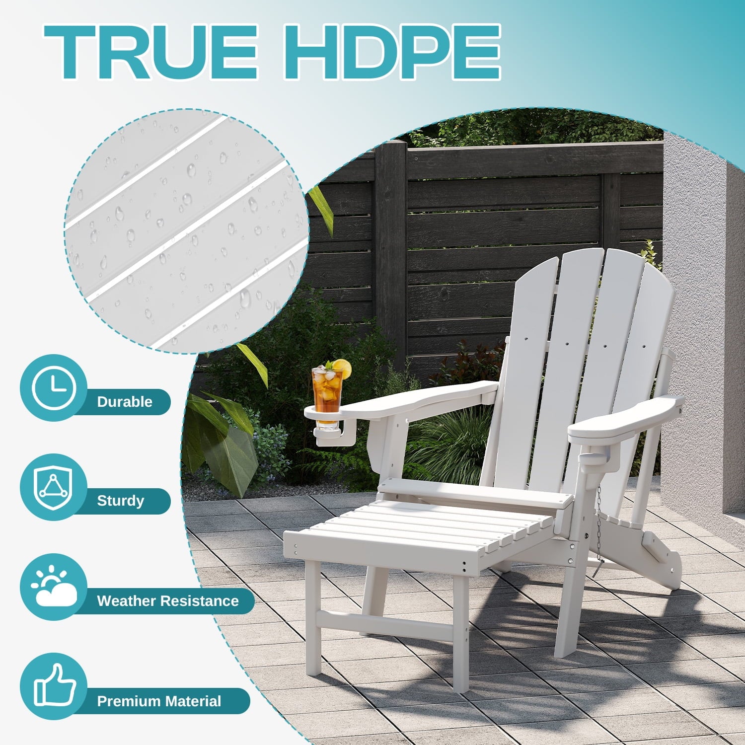 PIPOPA Outdoor Folding Adirondack Chair with ottoman set of 2, HDPE All Weather Patio Chair with Cup Holder for Deck Backyard Garden, White