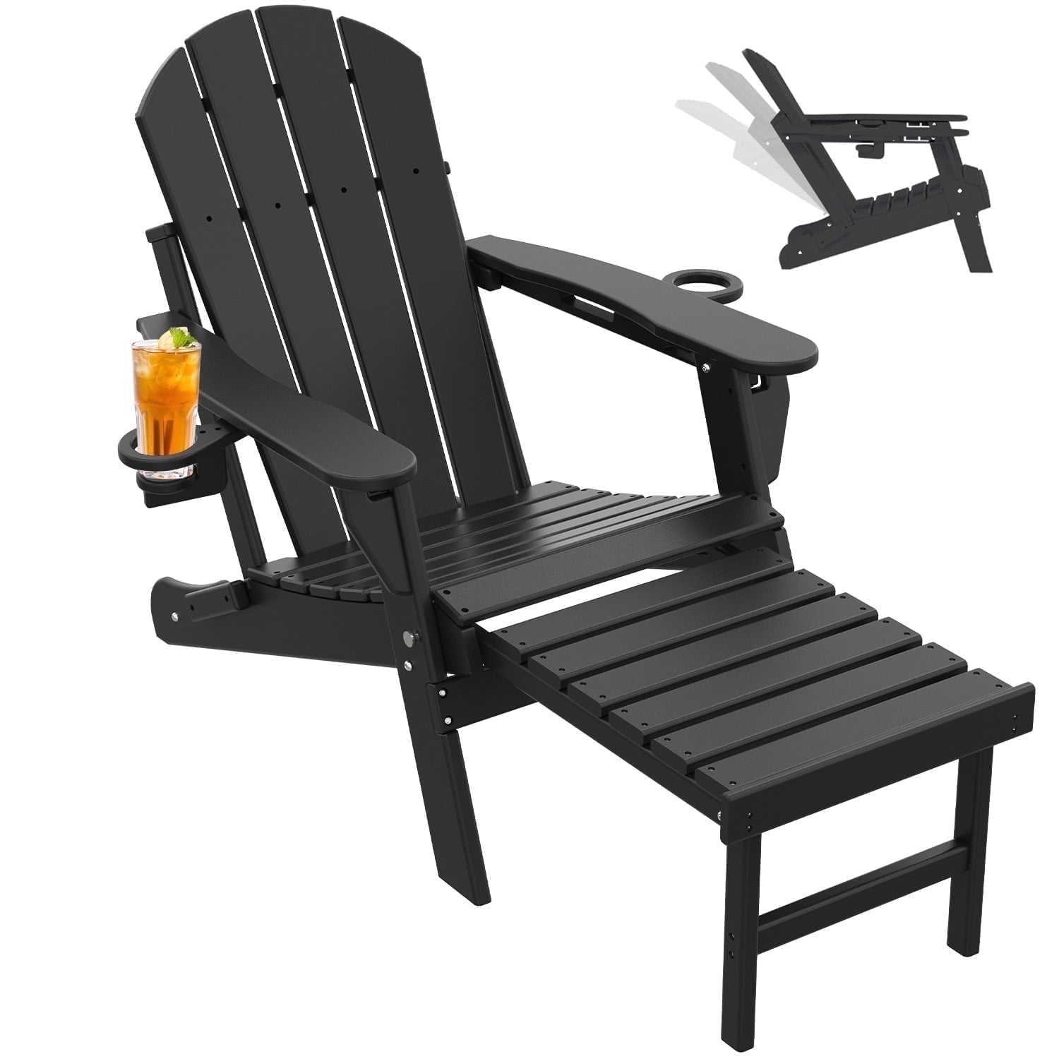 FODINGHILL Folding Adirondack Chair with Ottoman, Adjustable Backrest HDPE All-Weather Firepit Chair with Cup Holder, Black