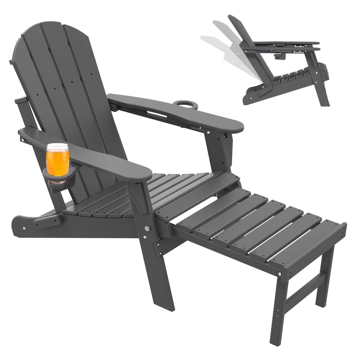 FODINGHILL Folding Adirondack Chair with Ottoman, Adjustable Backrest HDPE All-Weather Firepit Chair with Cup Holder, Grey