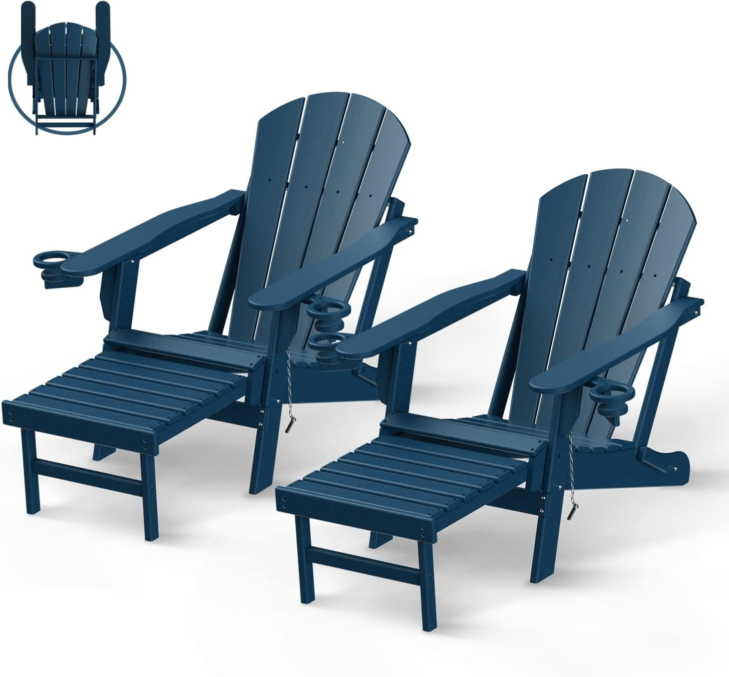 PIPOPA Outdoor Folding Adirondack Chair with ottoman set of 2, HDPE All Weather Patio Chair with Cup Holder for Deck Backyard Garden, Blue