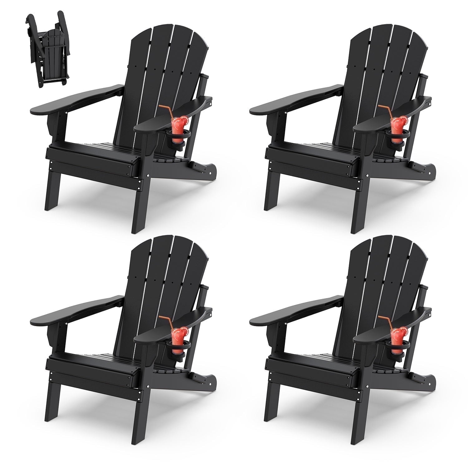 PIPOPA Outdoor Folding Adirondack Chair Set of 4, HDPE All Weather Patio Chair with Cup Holder for Deck Backyard Garden, Black
