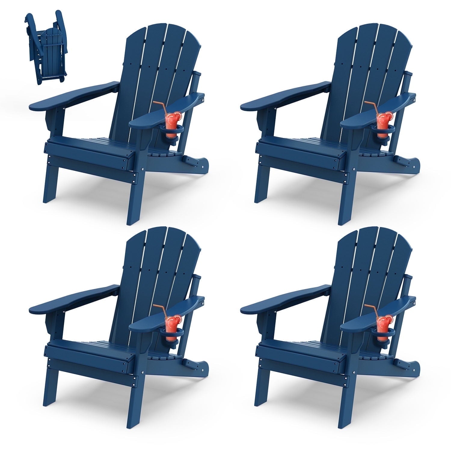 PIPOPA Outdoor Folding Adirondack Chair set of 4, HDPE All Weather Patio Chair with Cup Holder for Deck Backyard Garden, Blue